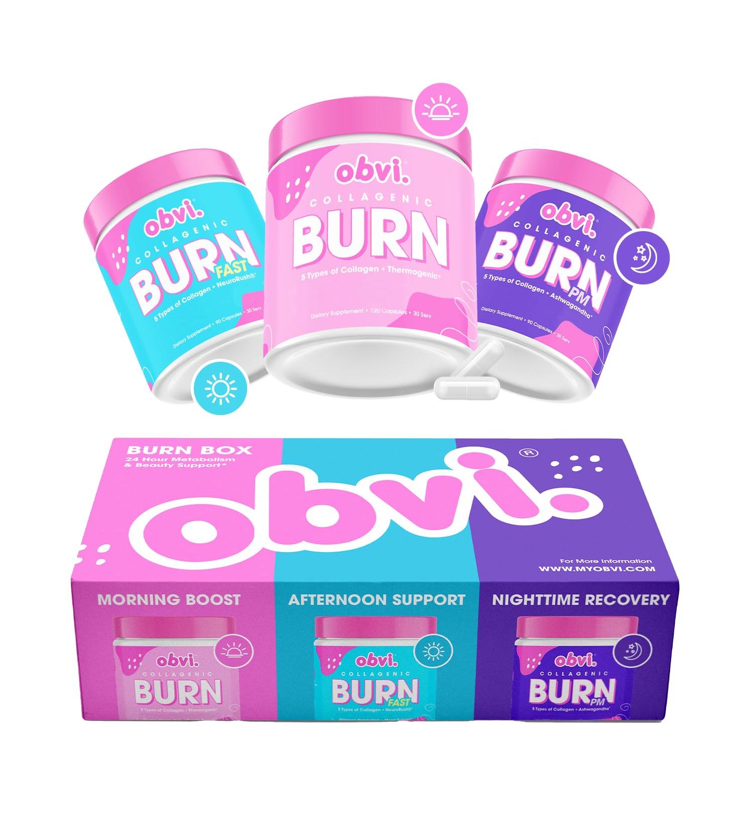 Obvi Burn Box Bundle 24-Hour Support System with 5 Types of Collagen for Wellness Recovery and Vitality Hydrolyzed Collagen Peptides Green Tea Extract and Ashwagandha for Overall Health - Buy Online on GoSupps.com