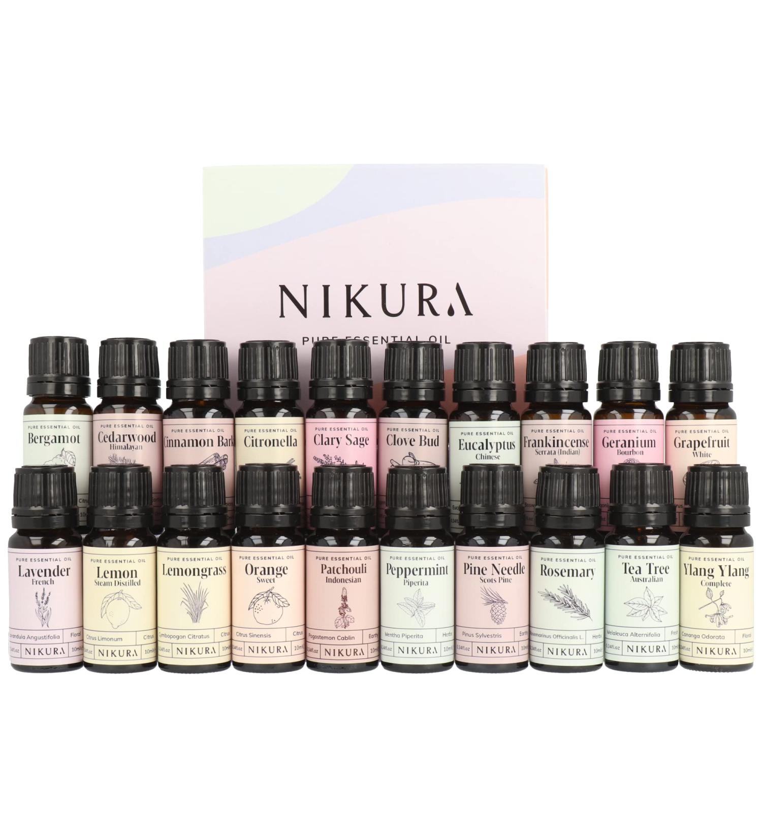 Nikura Top 20 Essential Oil Gift Set - 20 x 10ml | Essential Oils for Diffuser for Home Aromatherapy Strong Fragrance Lavender Oil for Sleep Scalp | Lemon Peppermint and Tea Tree | Pure & Natural 20 Set