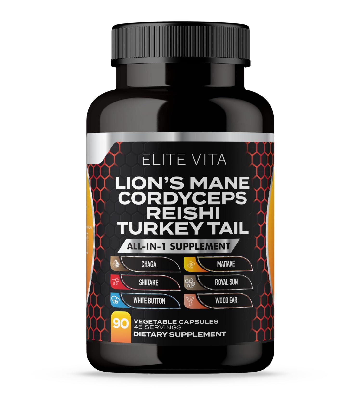 Elite Vita Nootropic Mushroom Supplement - Lions Mane Cordyceps Reishi Chaga Blend for Enhanced Focus Memory Cognitive Support Brain Vitamin and Focus Supplement 90 Vegan Capsules - Buy Online on GoSupps.com