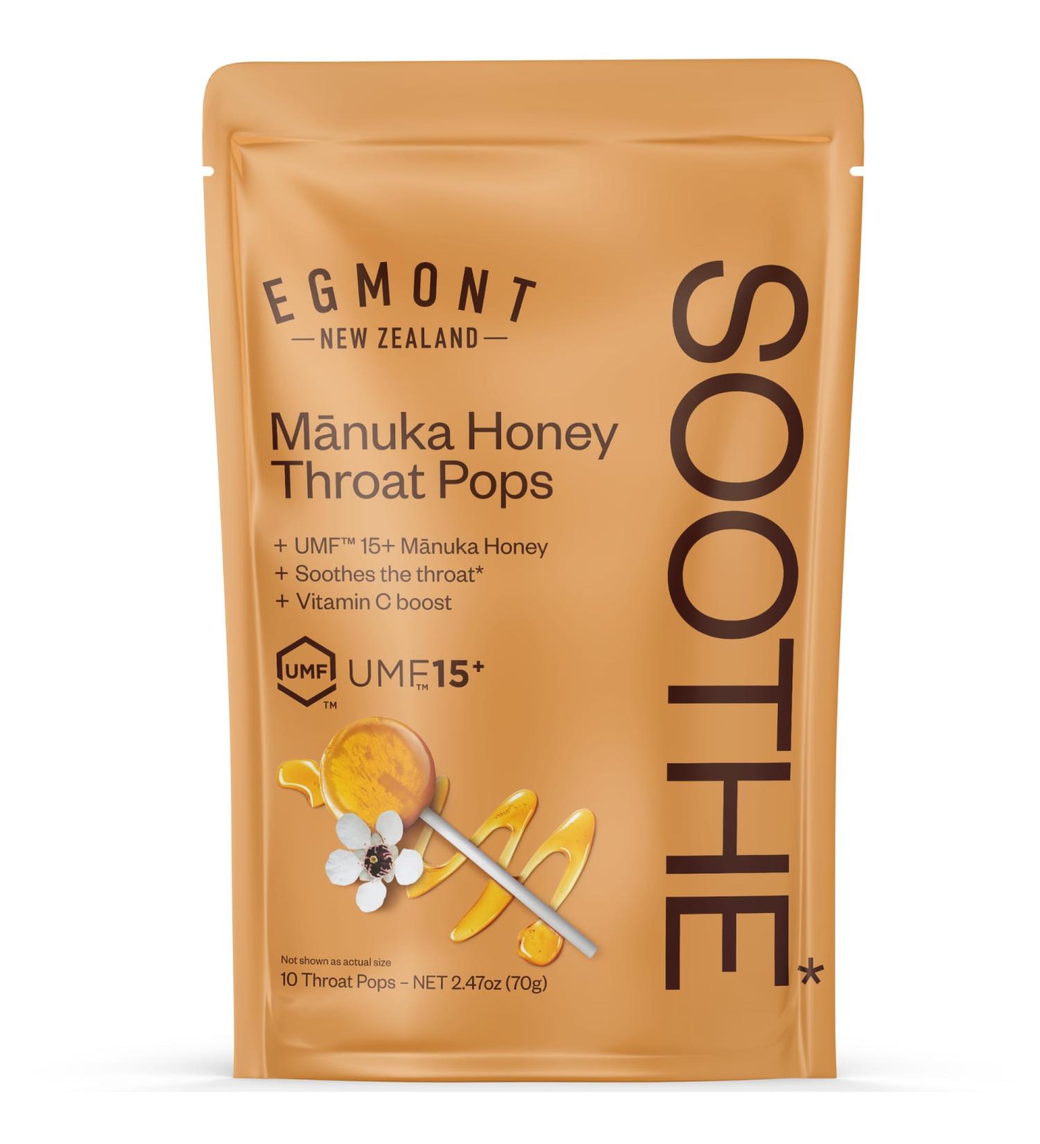Egmont Honey Manuka Honey Throat Pops 10 Count | UMF 15+ New Zealand Honey with Vitamin C | Natural Soothing Lollipops - Buy Online on GoSupps.com