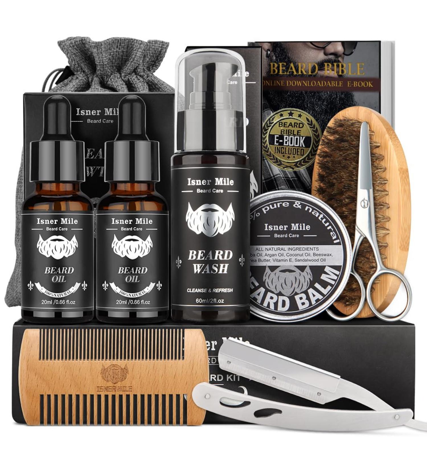 Beard Grooming Kit for Men Perfect Fathers Gifts for Dad Him Husband Boyfriend with Beard Shampoo Wash Growth Oil Balm Trimming Set Include Brush Comb Scissors Orange