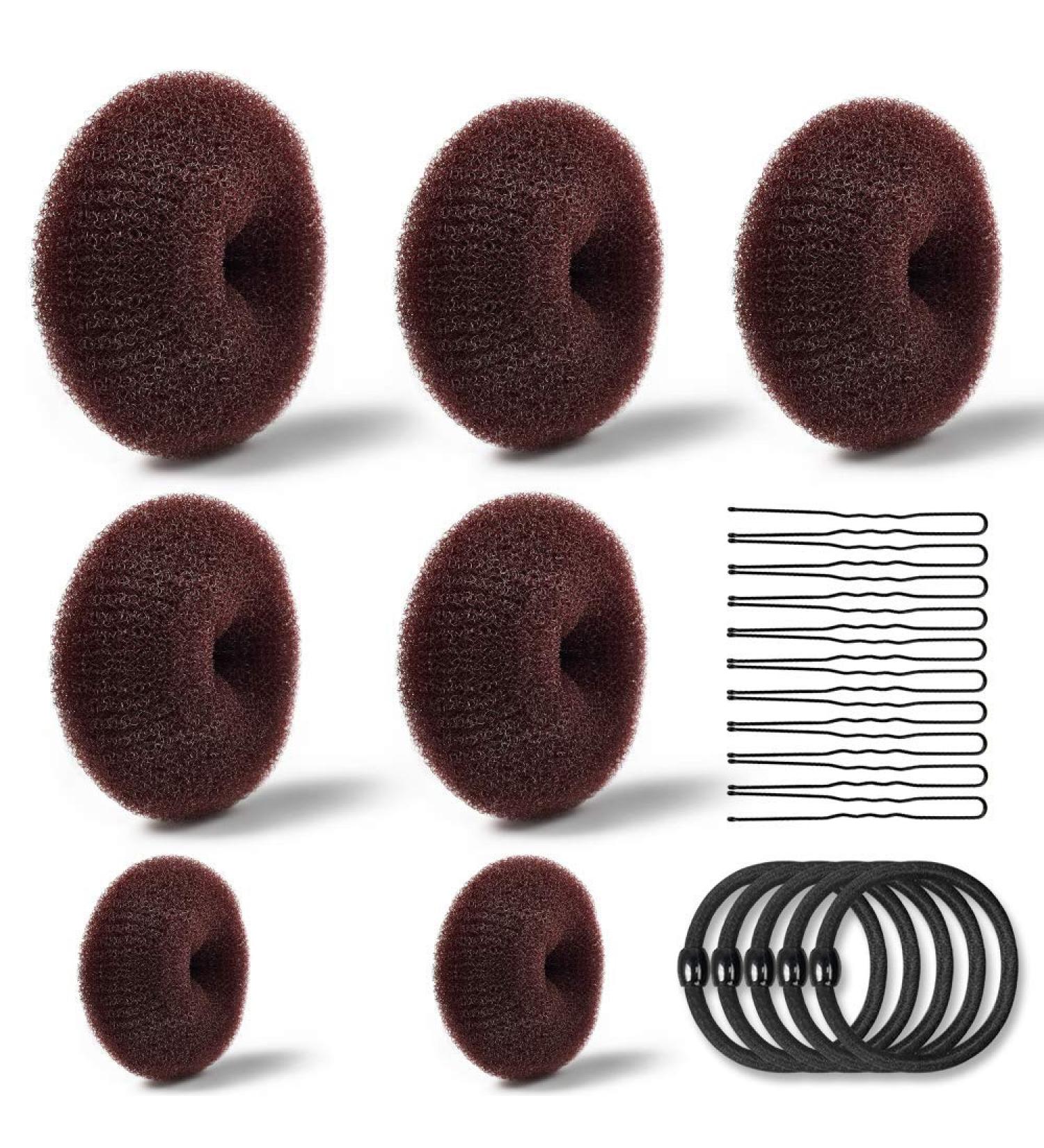 7-Piece Hair Knot Ring Bun Maker Set with Ribbons & Pins - Chignon Hairstyling Tools - Brown - Buy Online on GoSupps.com
