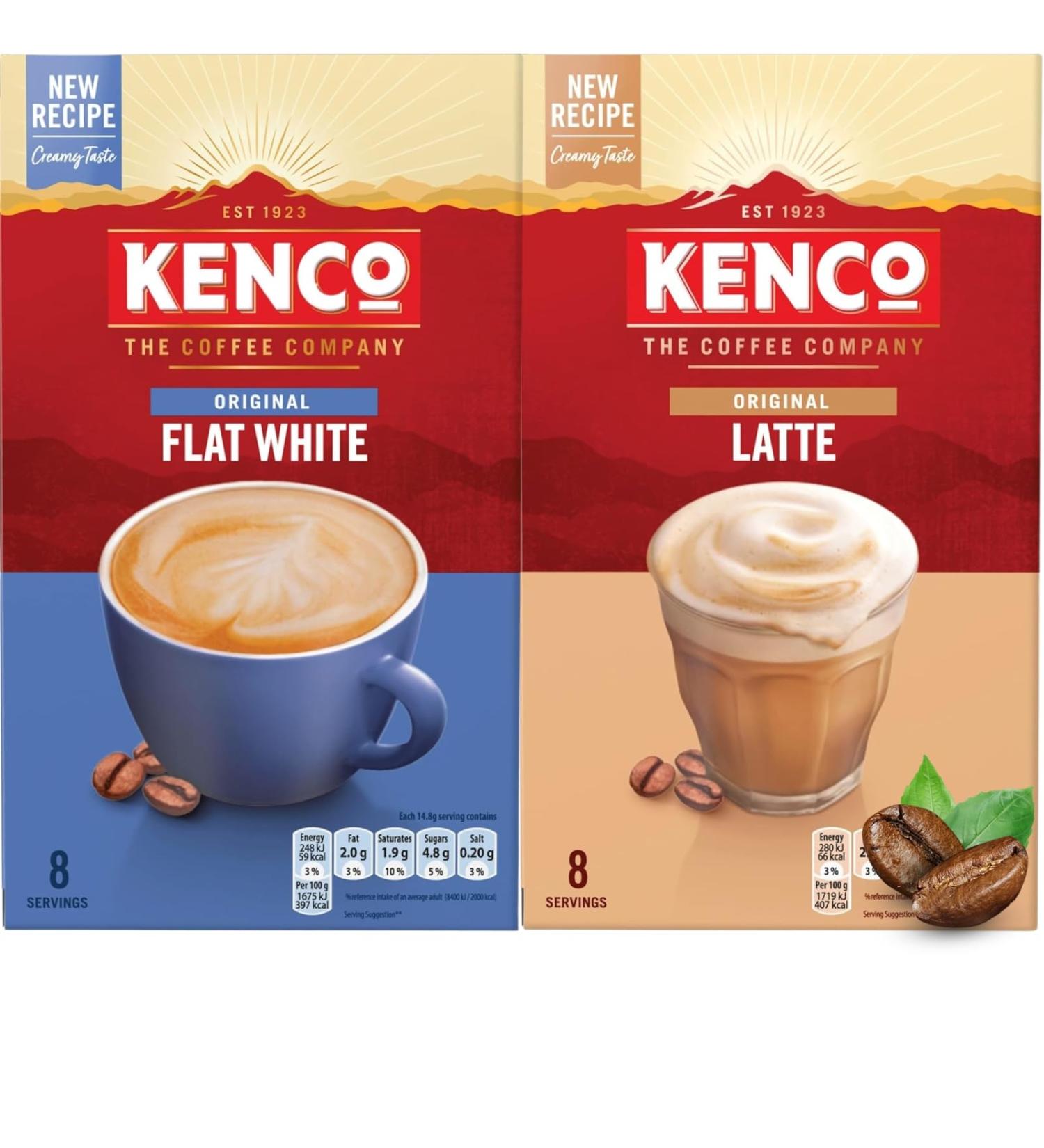 Kenco Latte Coffee Sachets Bundle with 8 Flat White and 8 Original Latte Instant Coffee Total of 16 Individual Sachets