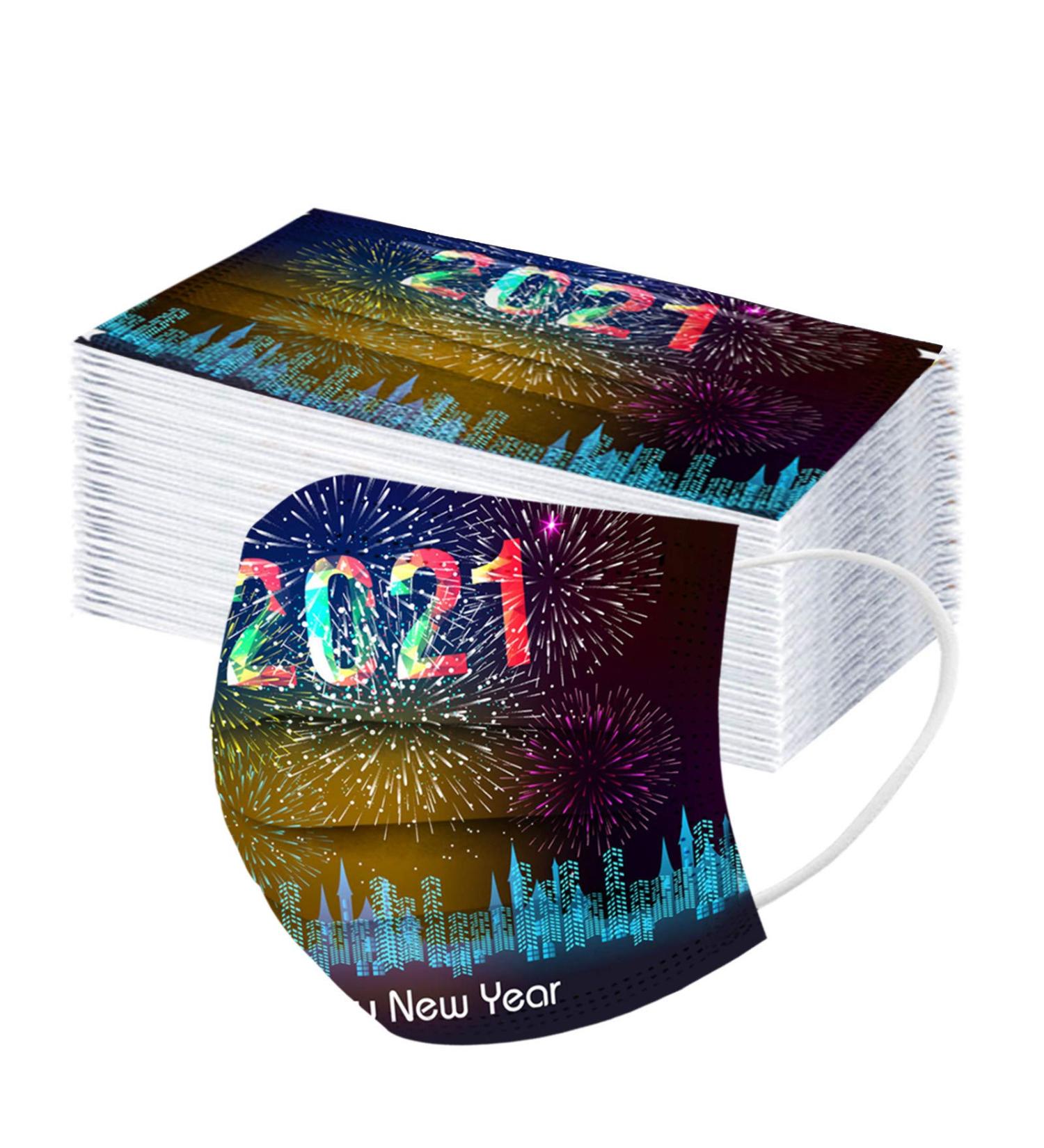 2021 Happy New Years Print Adult Disposable Christmas Facemask 3Ply Breathable Cloth Face_Masks 50PCS - Fits Men and Women - Buy Online on GoSupps.com