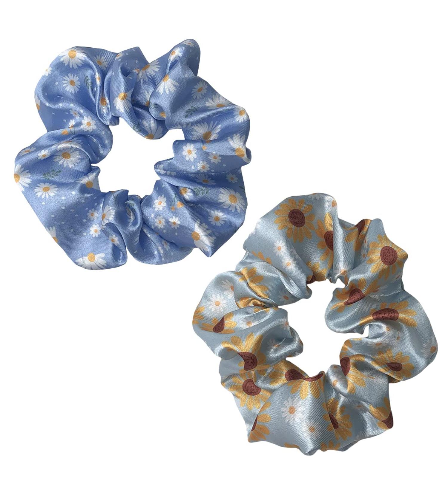 Daisy Flower Blue Hair Scrunchies 2PCS - Women's Silk Hair Accessories & Ponytail Holder Bracelet - Buy Online on GoSupps.com