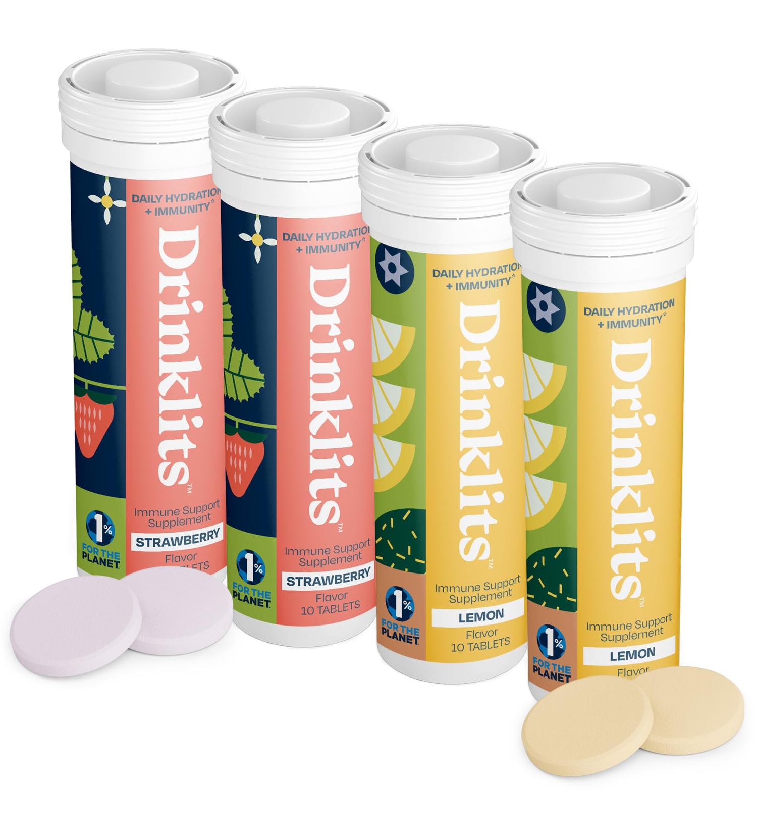 Drinklits Lemon & Strawberry Daily Immunity Tablets (4) Tube Bundle | Vitamin C Boost + Antioxidants + Electrolytes + 0g Sugar | 40 Servings - 10 Tablets Each - Buy Online on GoSupps.com