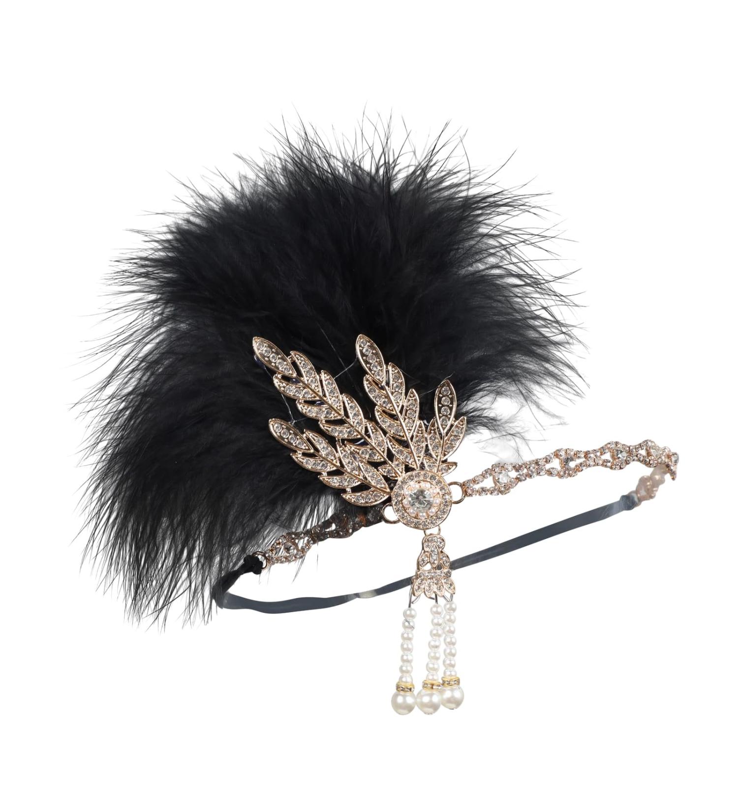 1920s Flapper Headpiece Jewelry Feather Headband Vintage Tassel Head Wear 1920s Shiny Crystal Hair Accessories for Women Retro Headdress with Feather 20s Accessories for Costume Prom Carnival Black - Buy Online on GoSupps.com