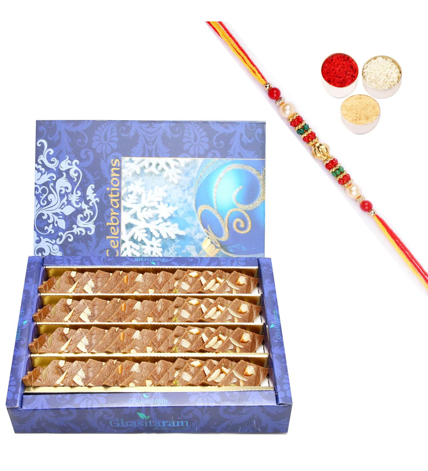 Ghasitaram Gifts Rakhi Gifts for Brothers Ghasitarams Sweets Sugarfree Chocolate Kaju Katli 800 GMS with Beads Rakhi - Buy Online on GoSupps.com