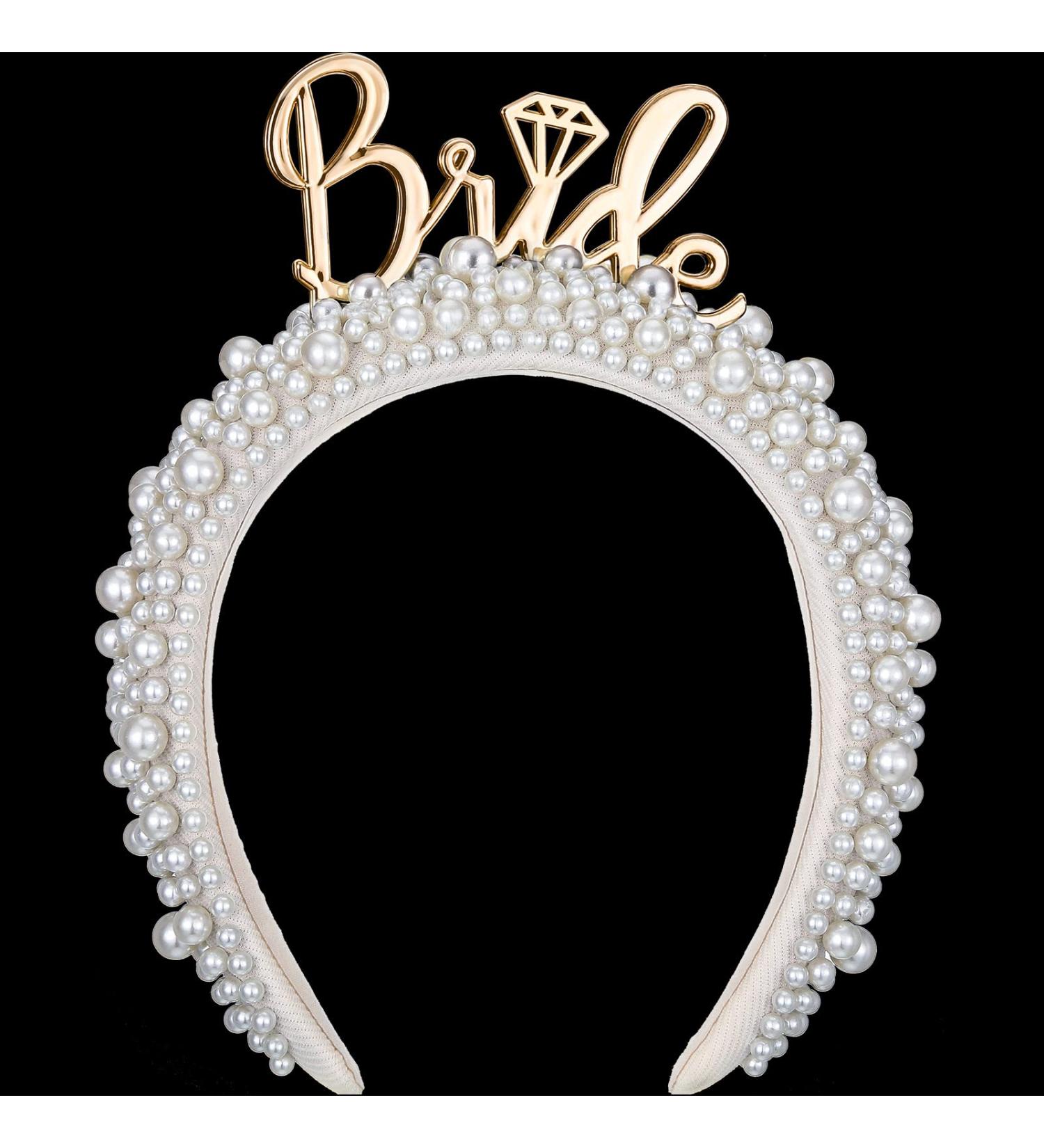 Bridal Pearl Headband Tiara Crown for Women - White Vintage Bride Hair Hoop for Wedding, Bachelorette Party Decorations - Bridal Shower Gift (Trendy) - Buy Online on GoSupps.com