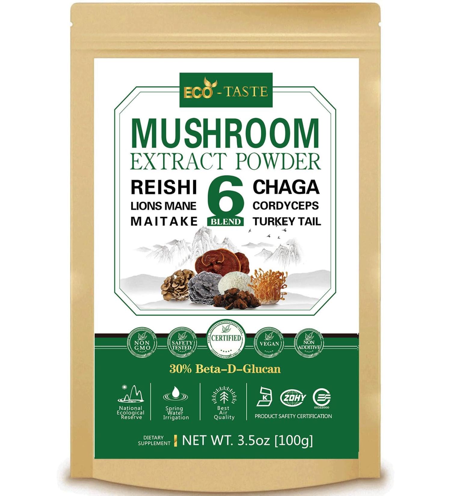 ECO-TASTE 6 Blend Mushroom Extract Powder 100g - Beta-D-Glucan 30% - Real Fruiting Body Supplement - 3.52oz (1 Pack) - Buy Online on GoSupps.com