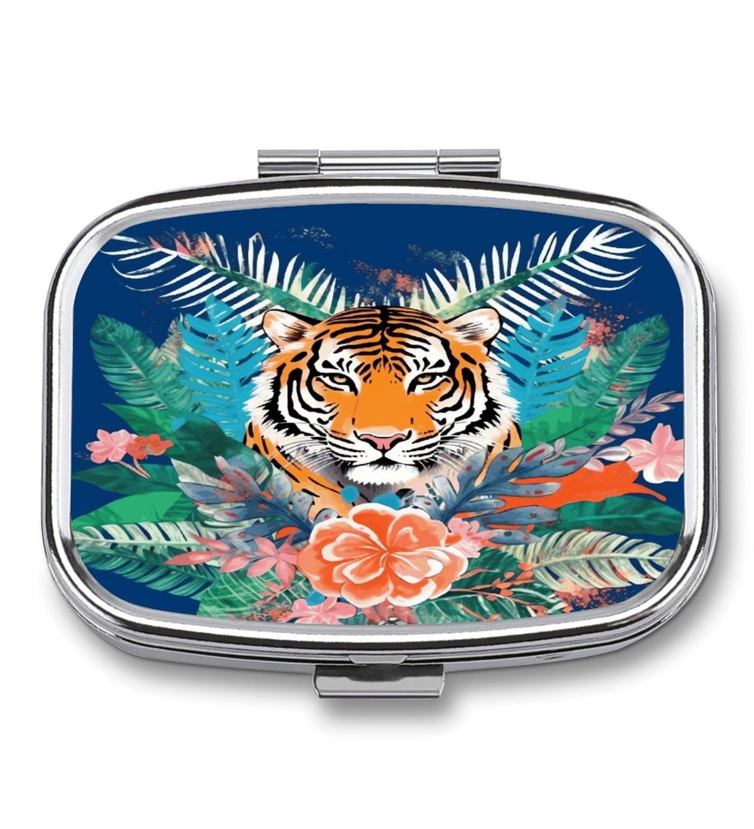 Buy Tropical Tiger Print Pill Box | 2 Compartment Decorative Metal Pill Organizer - Portable for Pocket & Purse | International Shipping Available - Buy Online on GoSupps.com