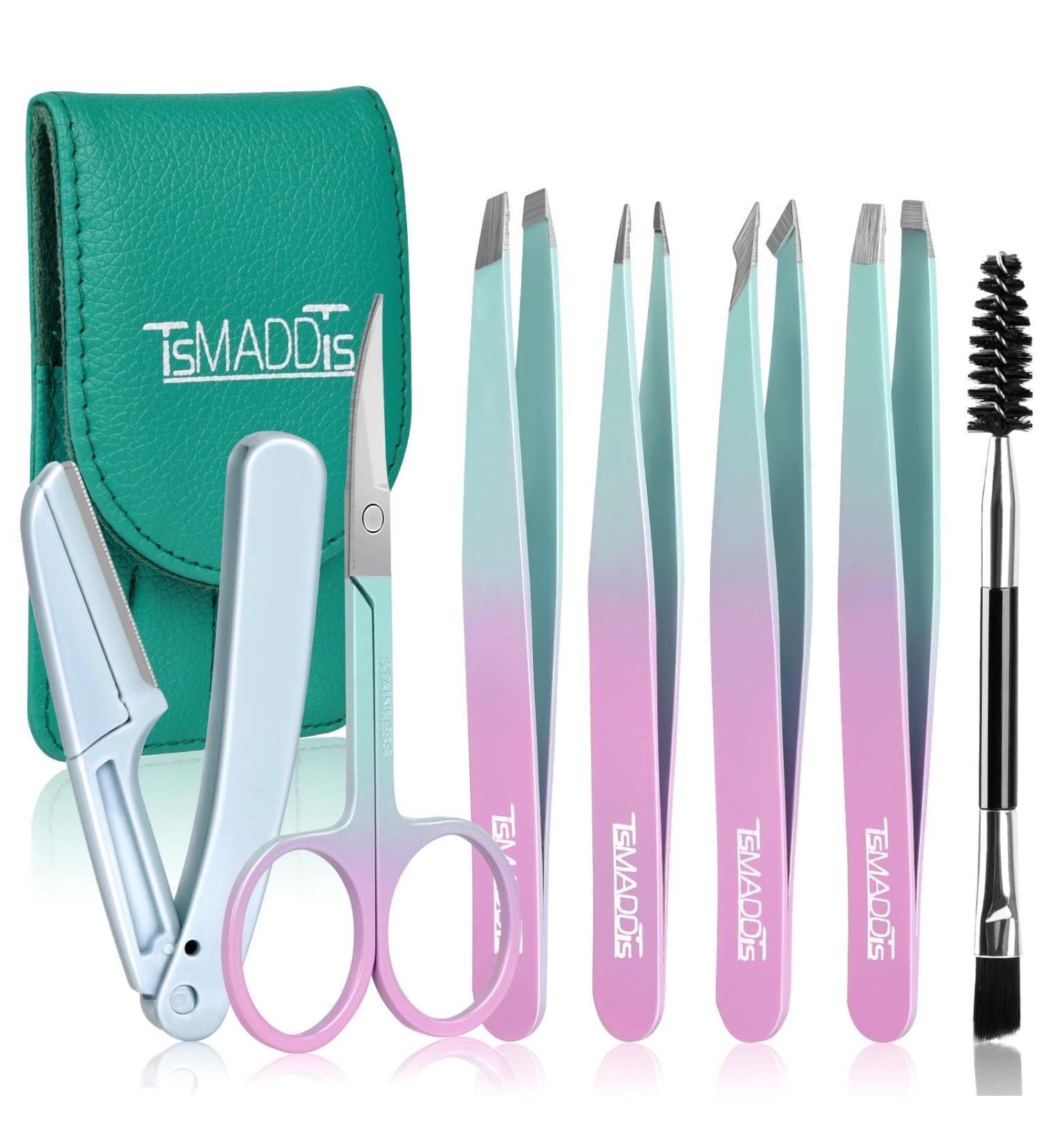TsMADDTs 7 Pcs Eyebrow Tweezer Set for Women - Precision Tweezers with Curved Scissors and Ingrown Hair Razor in Green - Buy Online on GoSupps.com