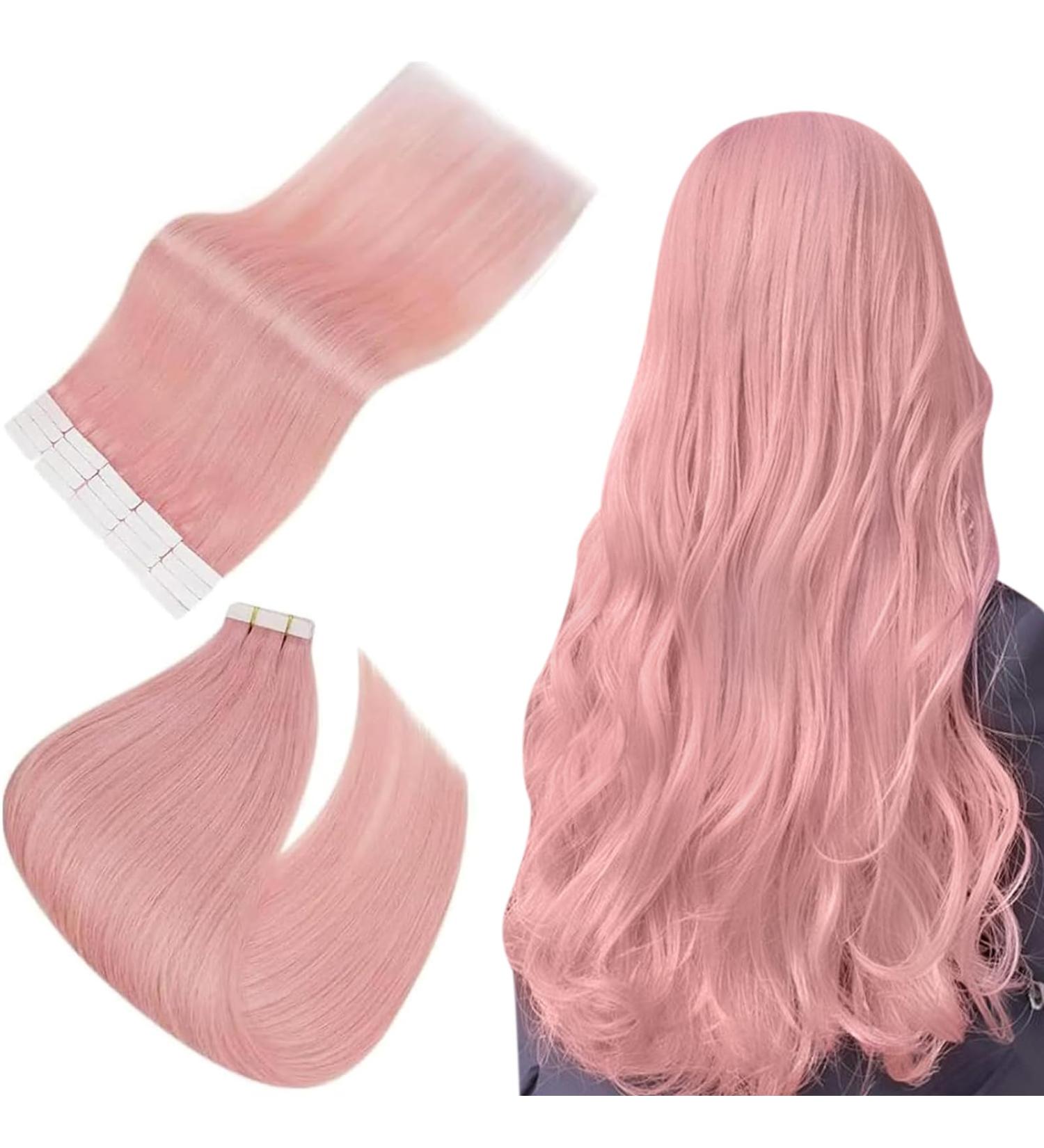 Easyouth 16 Inch Pink Tape in Human Hair Extensions - Real Hair Colourful 10Pcs 25g #Pink - Buy Online on GoSupps.com