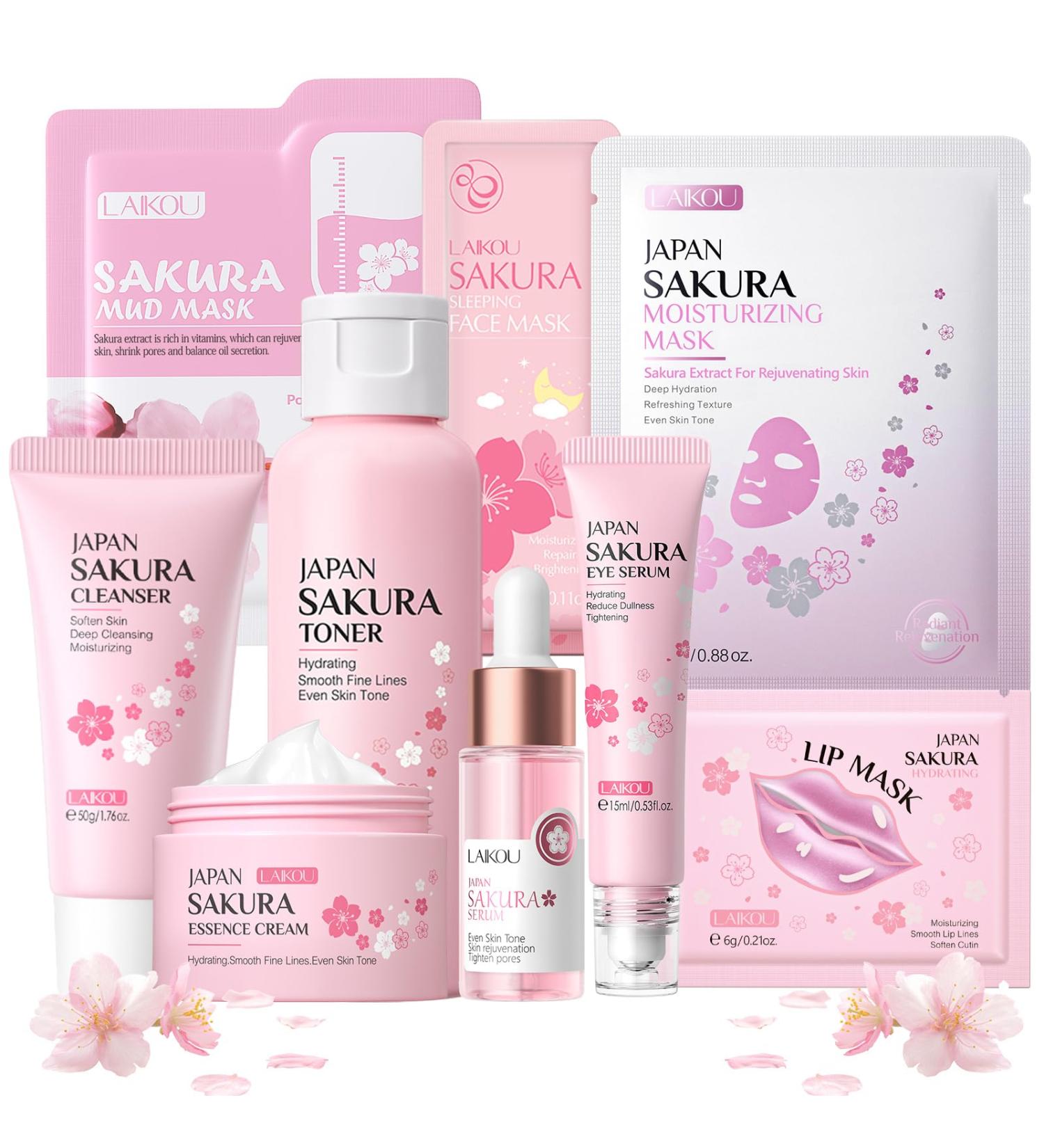 Skincare Set - Sakura 9PCS Kit with Cleanser Toner Serum Cream & Masks for Teenage Girls & Women - Buy Online on GoSupps.com