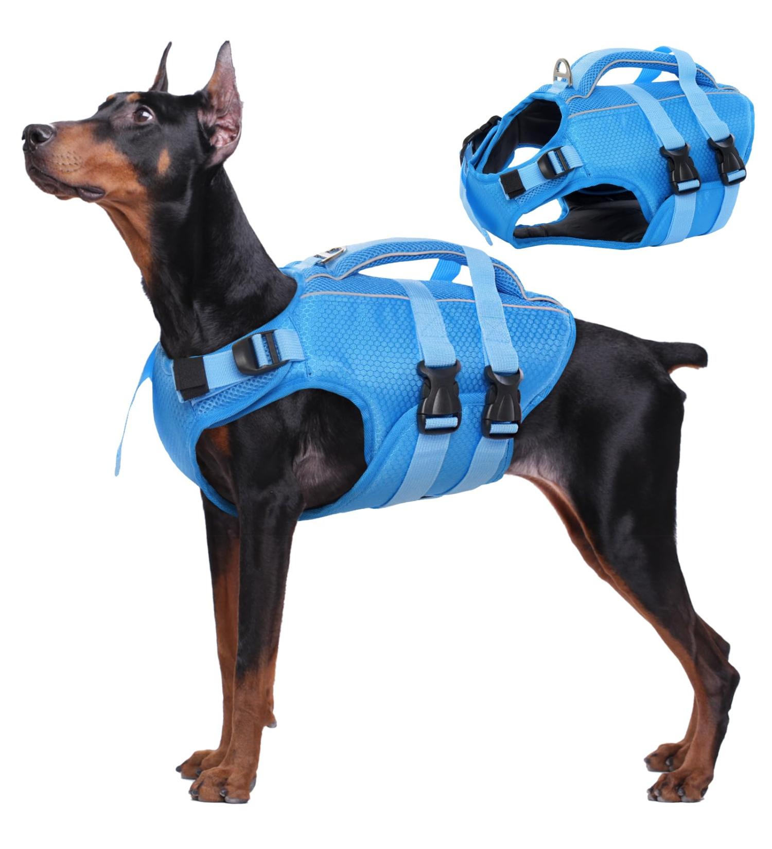 Kuoser Adjustable Ripstop Dog Lifeguard Vest for Small & Large Dogs - High Capacity Pet Lifesaver Swim Suit in Blue - Buy Online on GoSupps.com