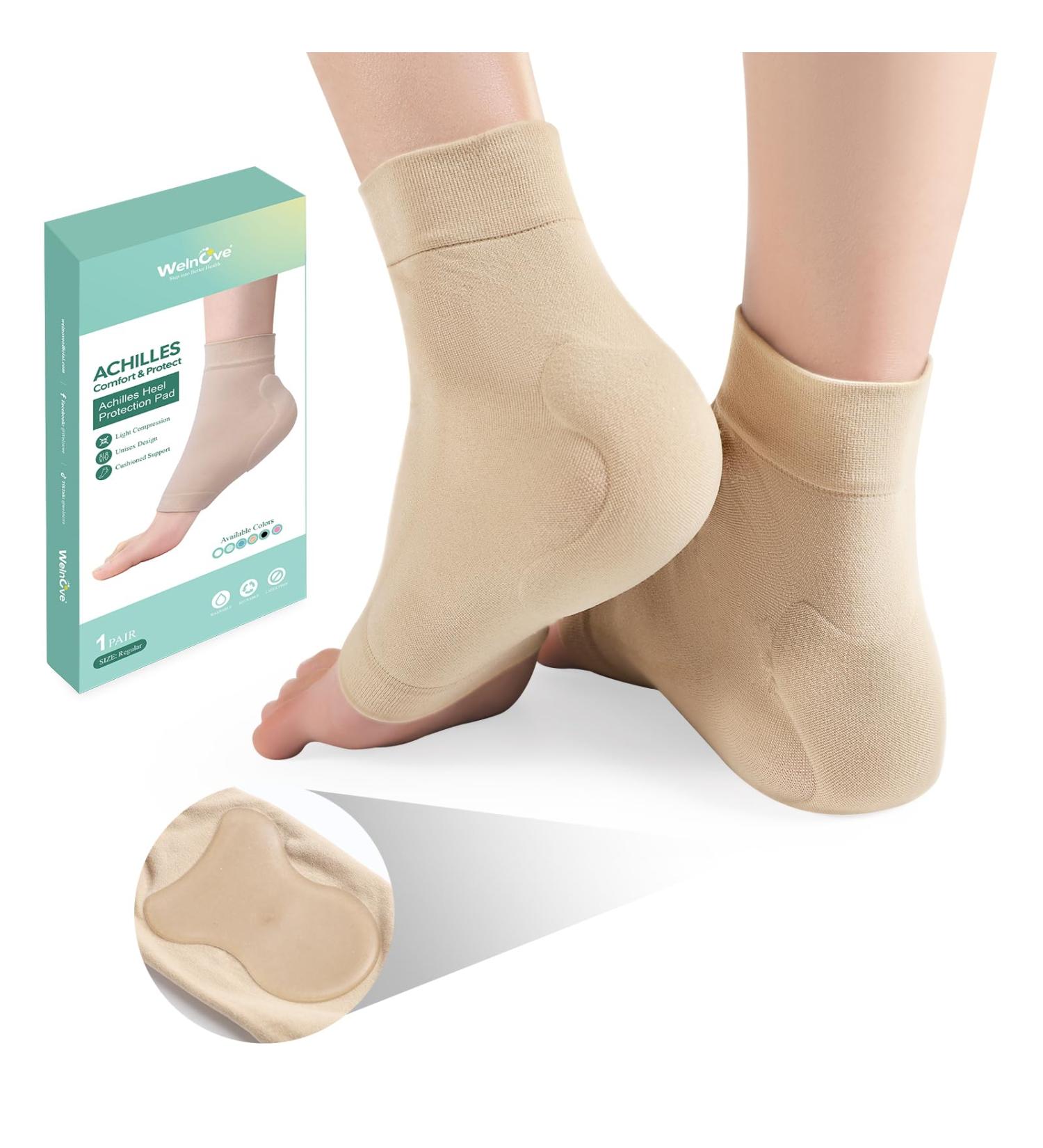 Welnove Achilles Tendonitis Heel Protector Socks - Compression Support & Gel Padded Sleeve for Bursitis Tendonitis Relief - 1 Pair Beige - Buy Online on GoSupps.com
