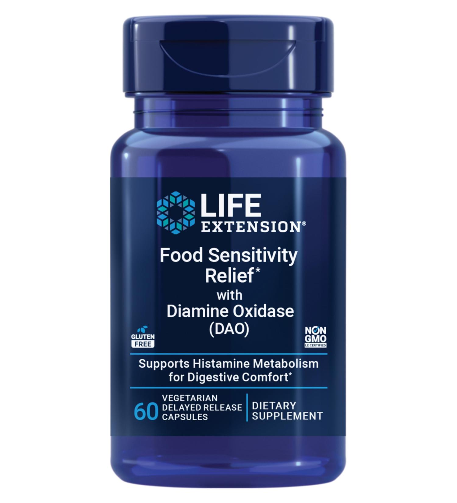 Life Extension Food Sensitivity Relief with Diamine Oxidase (DAO) Occasional Gas Digestive Comfort histamine Sensitivity DAO Enzyme Supplement Gluten Free Non-GMO Vegetarian 60 Capsules 60 Count (Pack of 1) - Buy Online on GoSupps.com