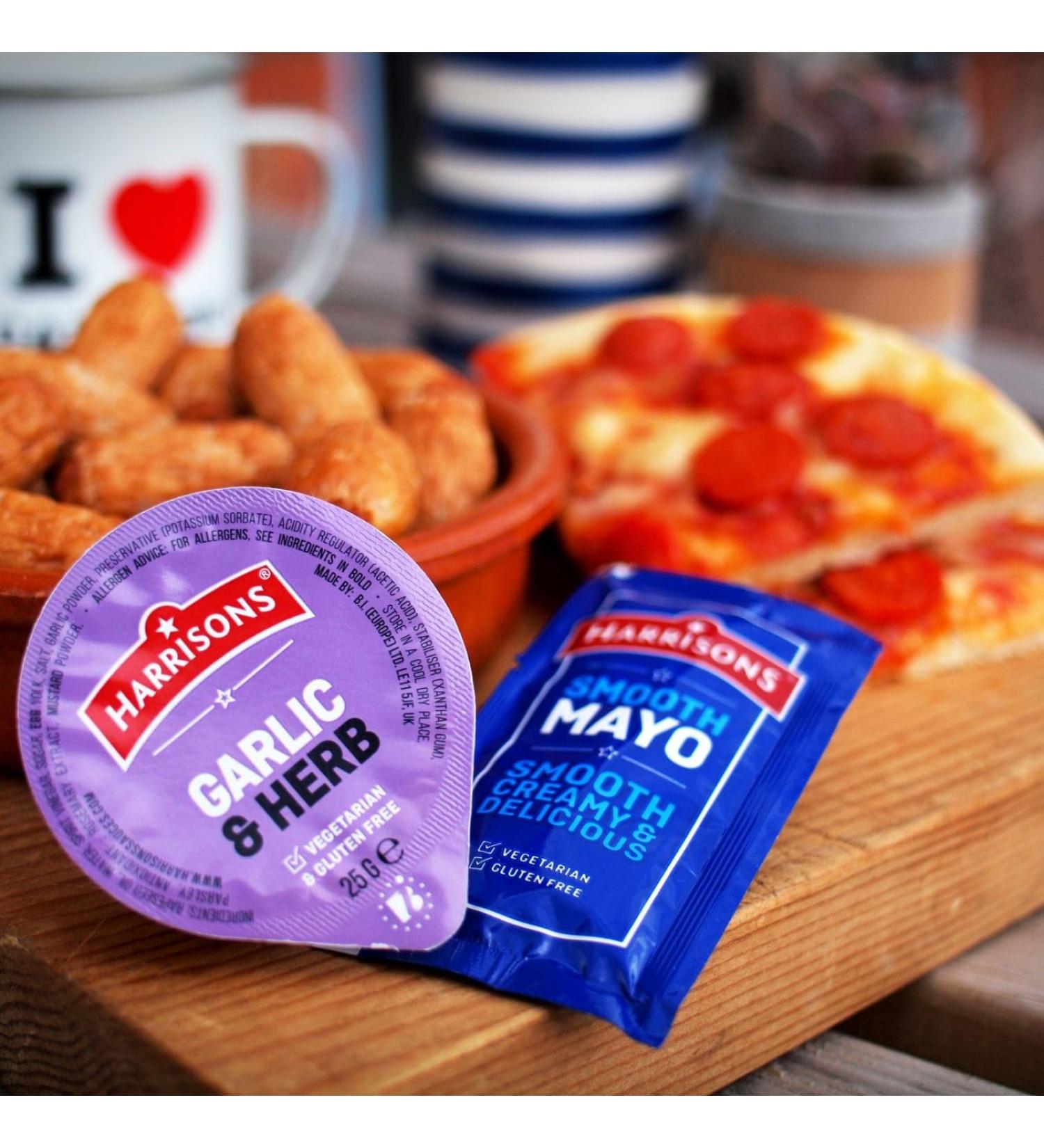 Harrisons Garlic and Herb Sauce Dip 25g Each Pack of 20 With Smooth Mayonnaise Pack of 20 Sachets No Artificial Color or Flavor Made in UK - Buy Online on GoSupps.com