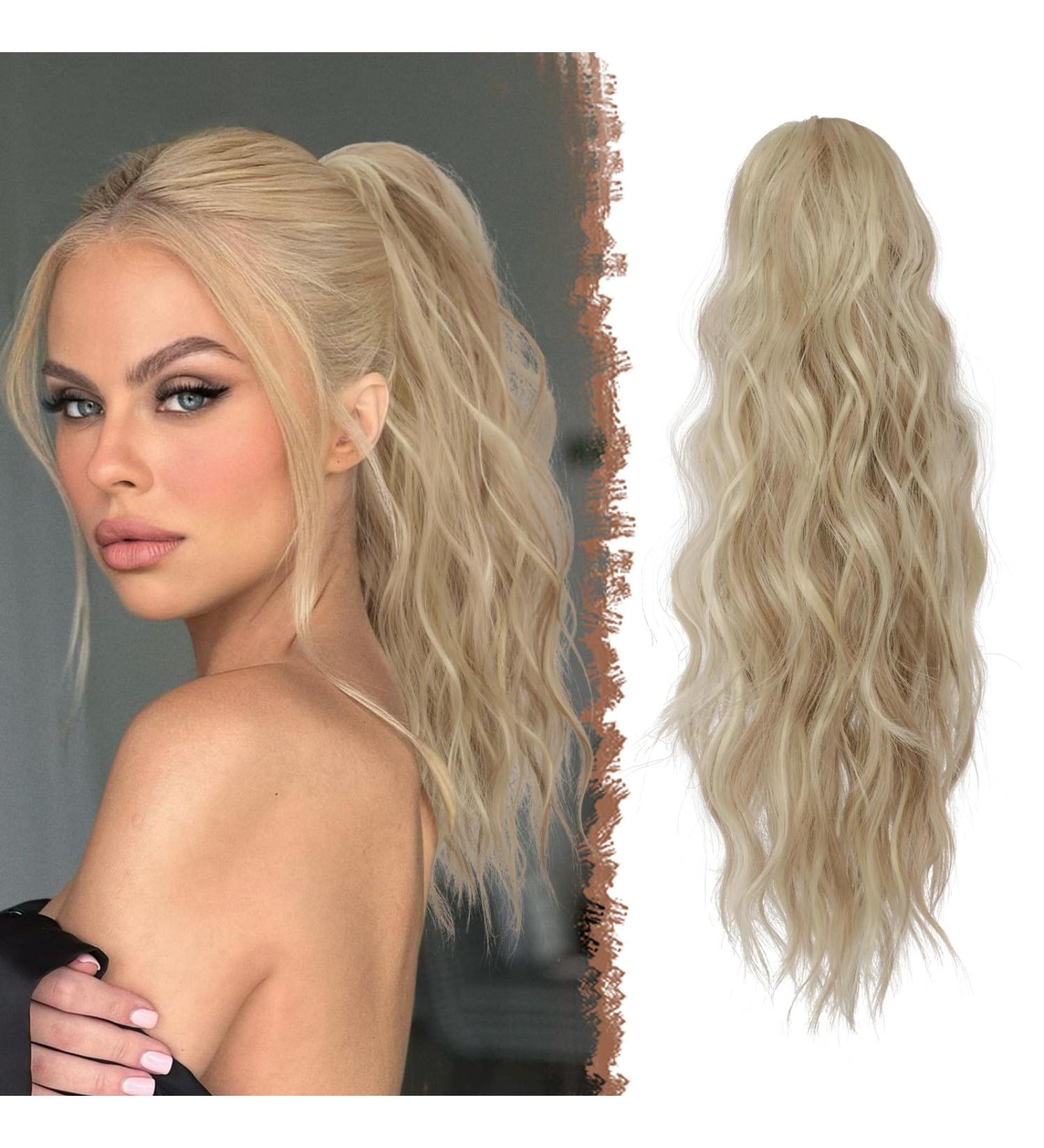 FESHFEN 18 Inch Light Ash Brown & Bleach Blonde Ponytail Extension | Curly Wavy Drawstring Hairpiece for Women - Buy Online on GoSupps.com