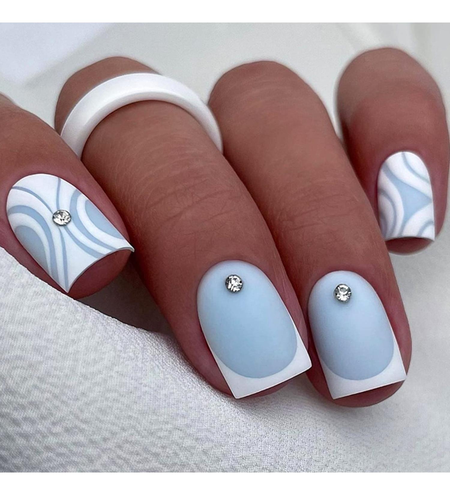 Frosted Blue French Tip Press on Nails with Rhinestone Designs - 24Pcs | Square Acrylic False Nails | Reusable Stick on Nails for Women - Buy Online on GoSupps.com