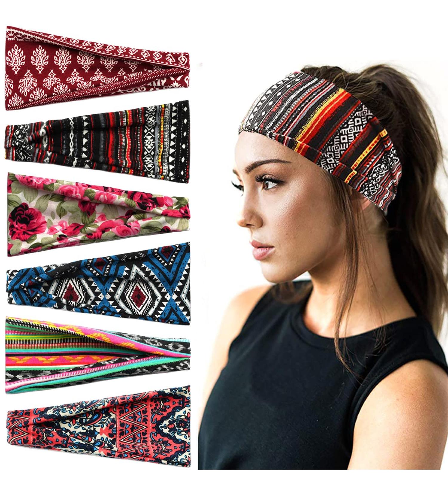 6 Pack Boho Headbands - Stretchy Non Slip Hair Bands for Yoga, Running and Sports - Buy Online on GoSupps.com