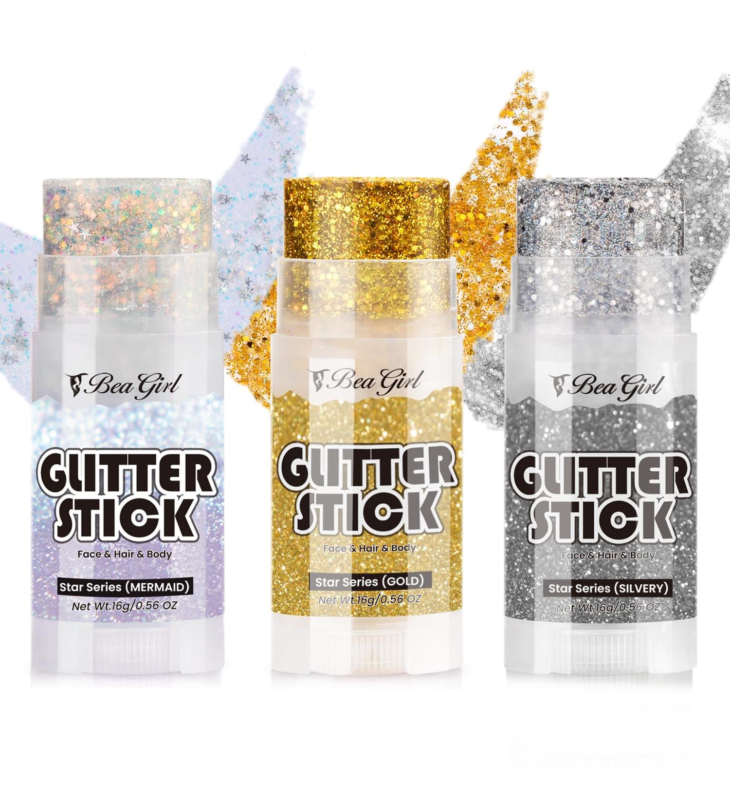 Body Glitter Stick Set - 3pc Festival Cosmetic Glitter for Face Lips Eyes & Hair | Holographic Gold & Silver Sequin Party Sparkle - Buy Online on GoSupps.com