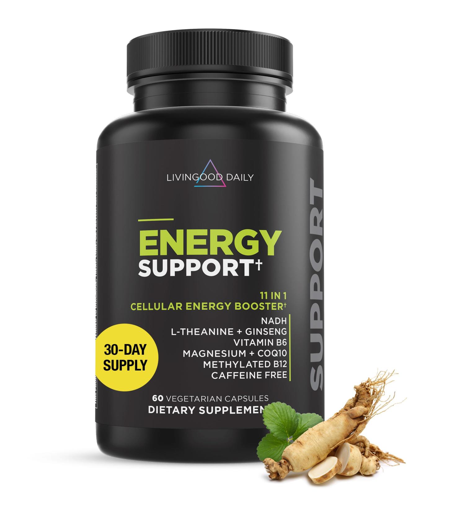 Livingood Daily Energy Supplements - Vegan B6 B12 NADH & L-Theanine | Boost Mood & Brain Health - 60 Capsules - Buy Online on GoSupps.com