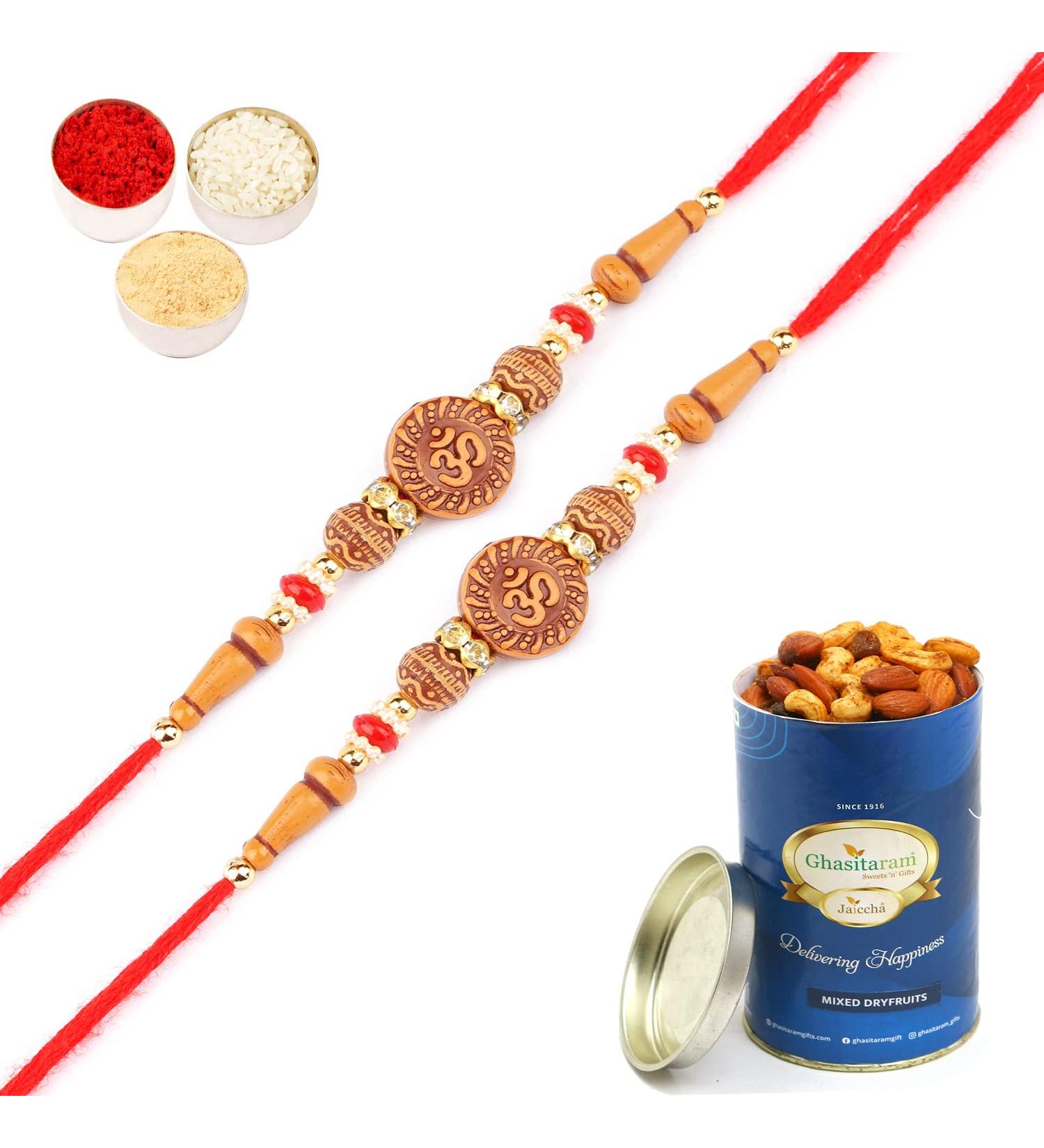 Ghasitaram Gifts Rakhis Online for Brother- Set of 2-6325 Rakhi Thread with 100 GMS of Dryfruits Mix Can 2 Rakhi with 100 gms of Dryfruits Mix Can - Buy Online on GoSupps.com