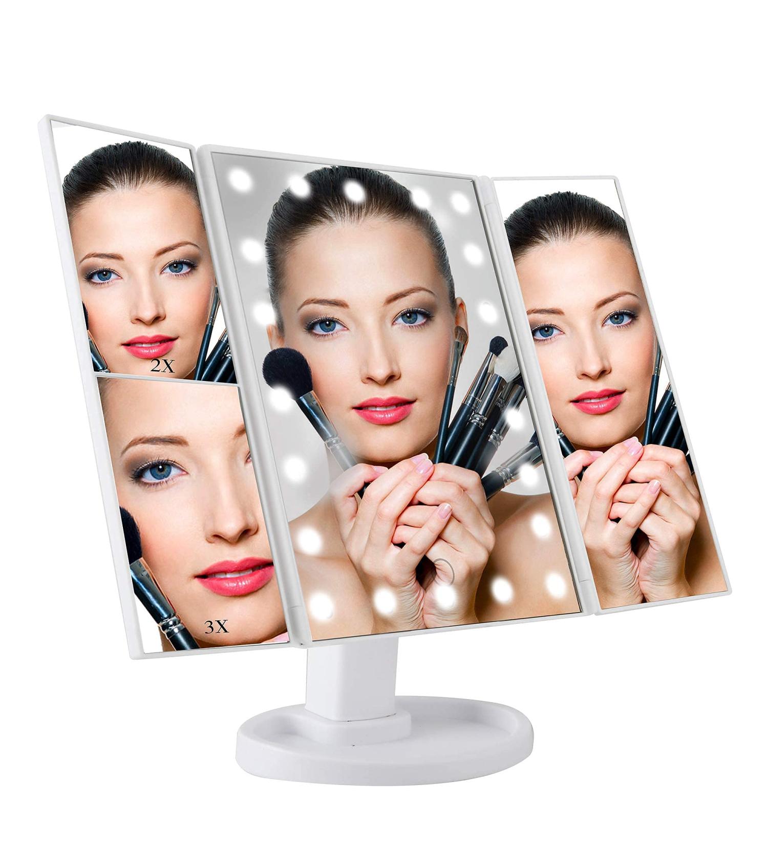 Tri-fold Lighted Vanity Makeup Mirror with 1x 2X 3X Magnification - Portable and Adjustable LED Lights - White - Buy Online on GoSupps.com