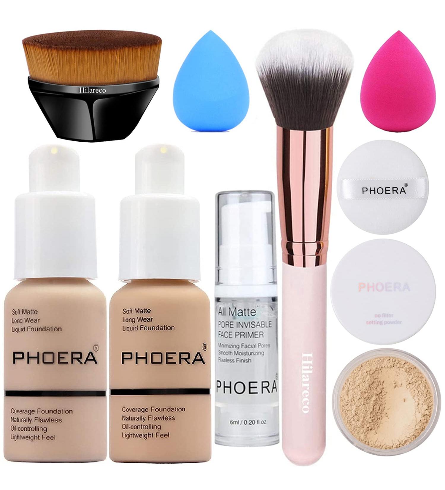 PHOERA Full Coverage Foundation Set with Primer, Powder, and Makeup Brushes - Nude & Buff Beige - Buy Online on GoSupps.com