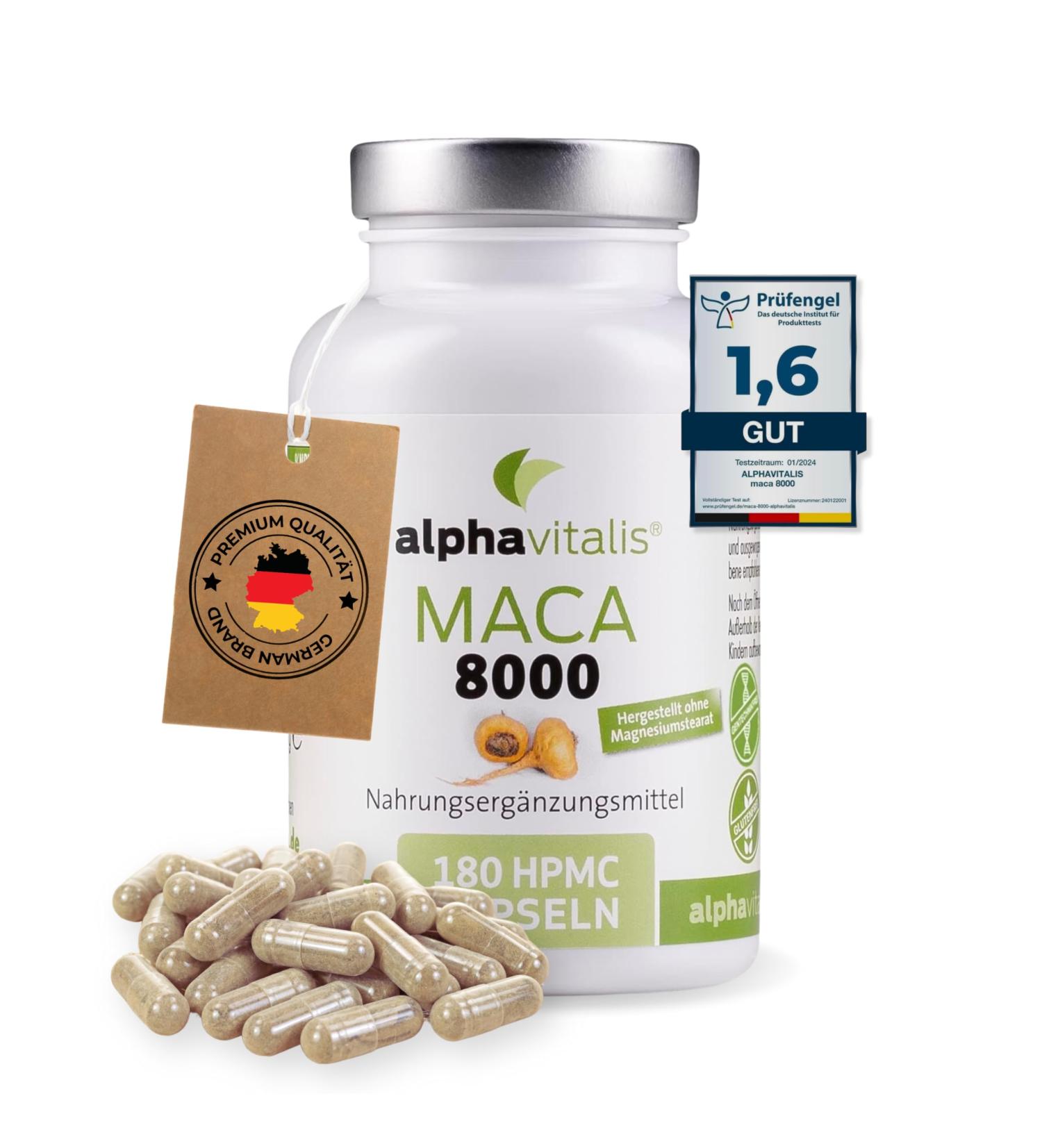 Buy Alphavitalis Maca 8000 Capsules - High-Dose Vegan 180 Capsules - 20:1 Maca Root Extract - Premium Quality German Production - Lab Tested 8000mg per Capsule - Buy Online on GoSupps.com