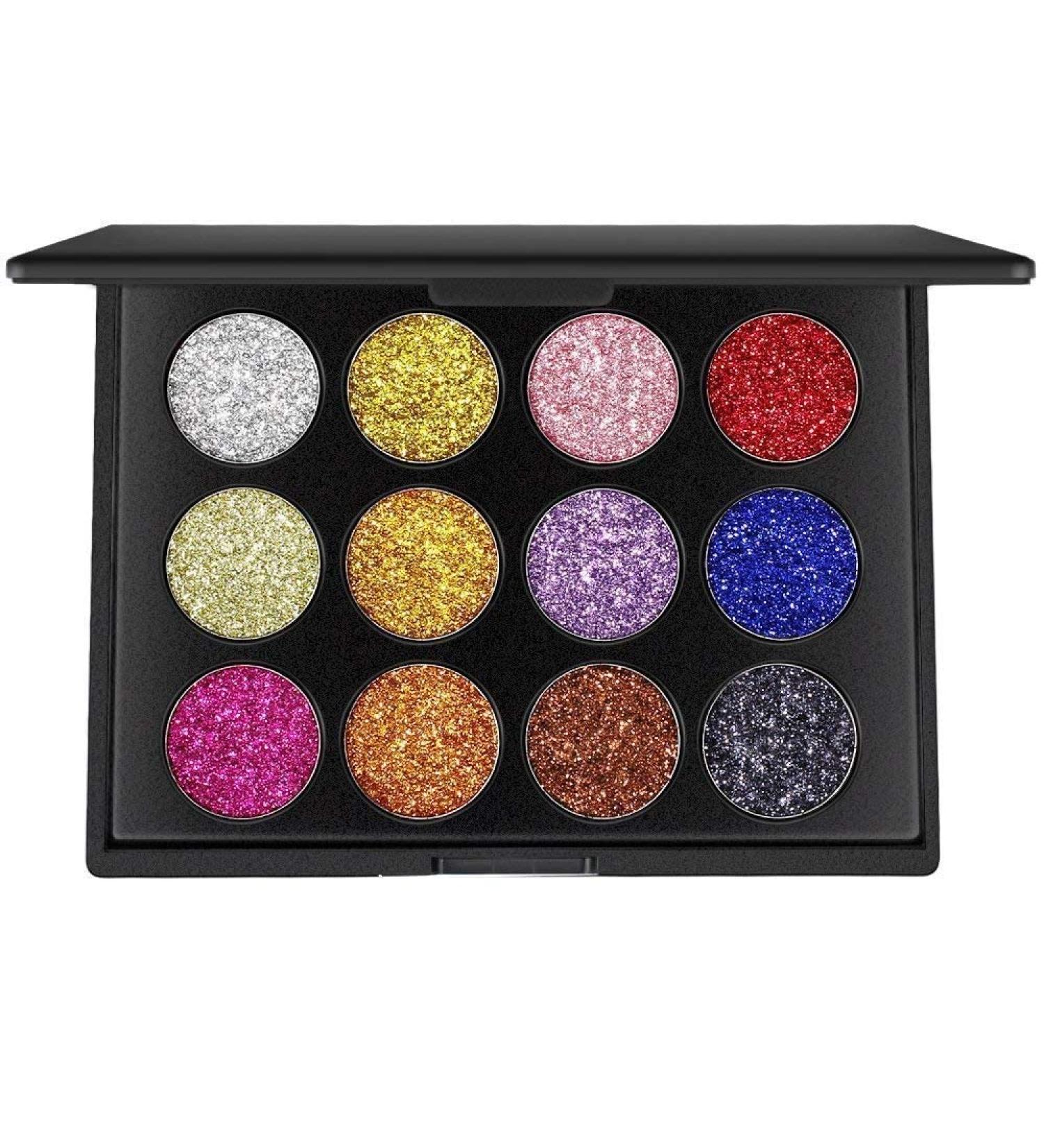 12 Colors Glitter Powder Makeup Palette - Professional Long Lasting Shimmer Eyeshadow | Mineral Pressed Glitter for All Skin Types - Buy Online on GoSupps.com
