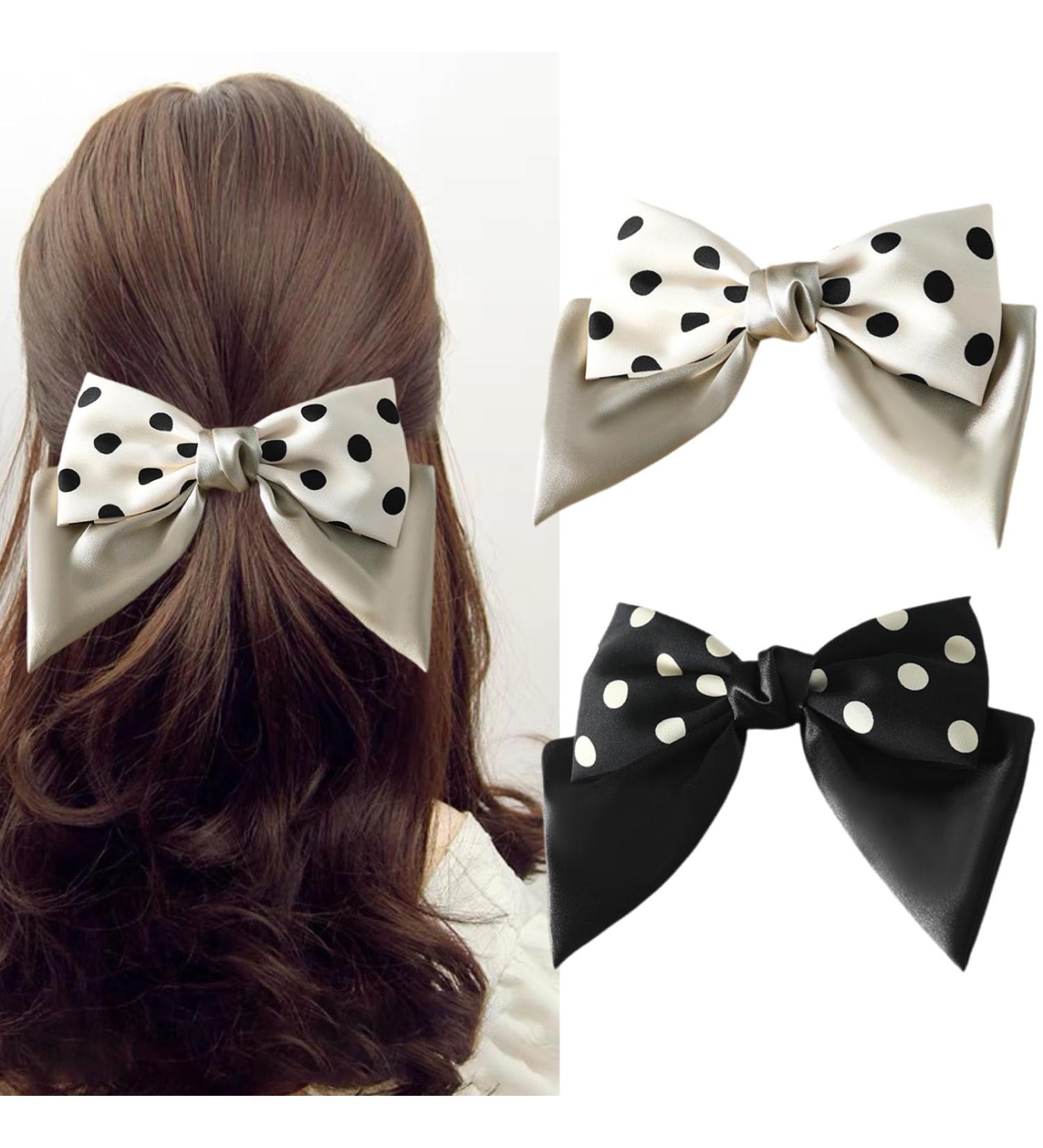 Ypkia Pack of 2 Hair Bows Clip Women's Hair Clips with Bow French Fabric Satin Hair Clip Hair Accessories for Women Girls (Black and Beige) - Buy Online on GoSupps.com