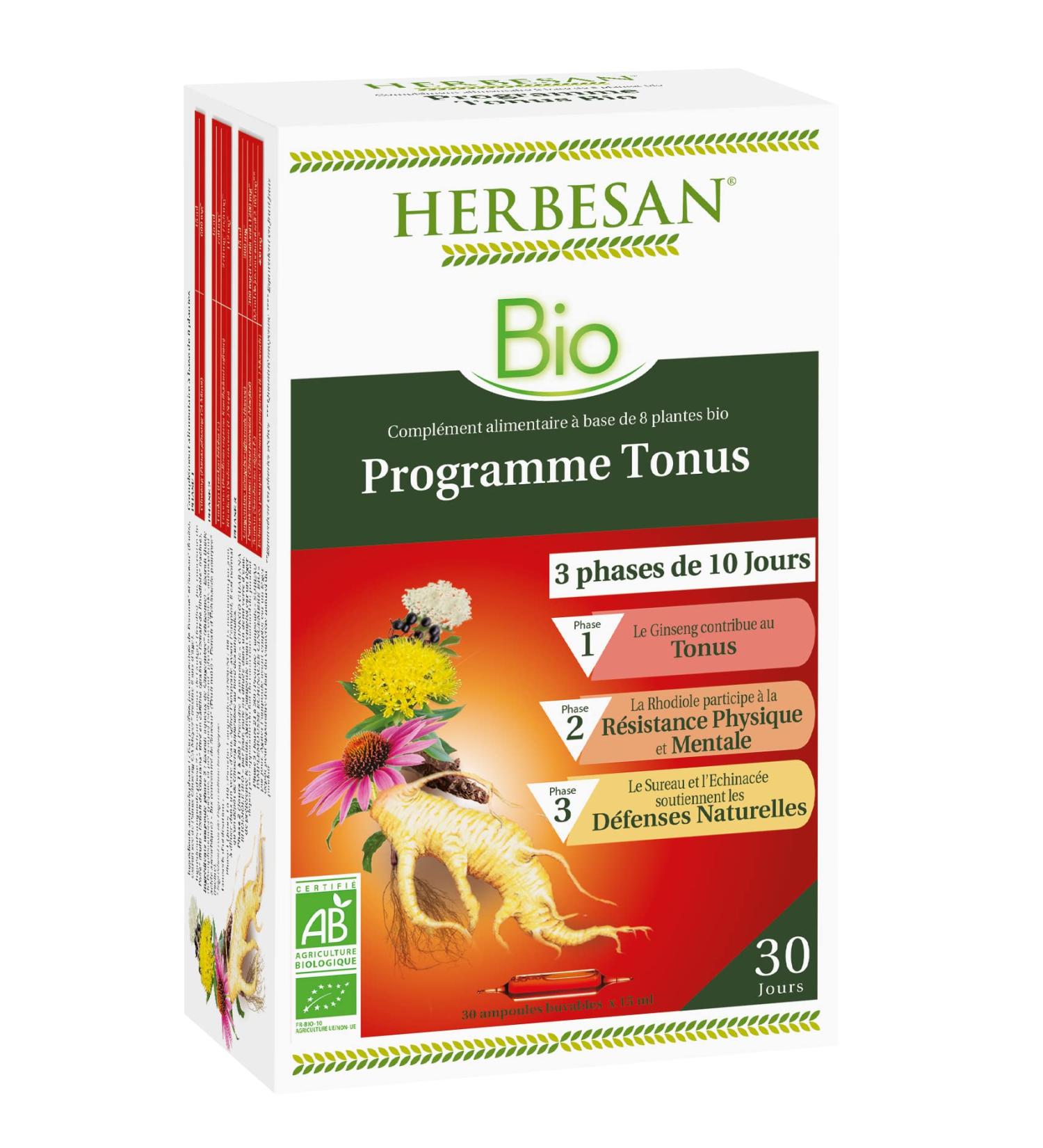 HERBESAN -TONUS PROGRAM - Immunity & Energy in 3 phases- 6 plants including Ginseng- Made in France - 30 ampoules - Buy Online on GoSupps.com