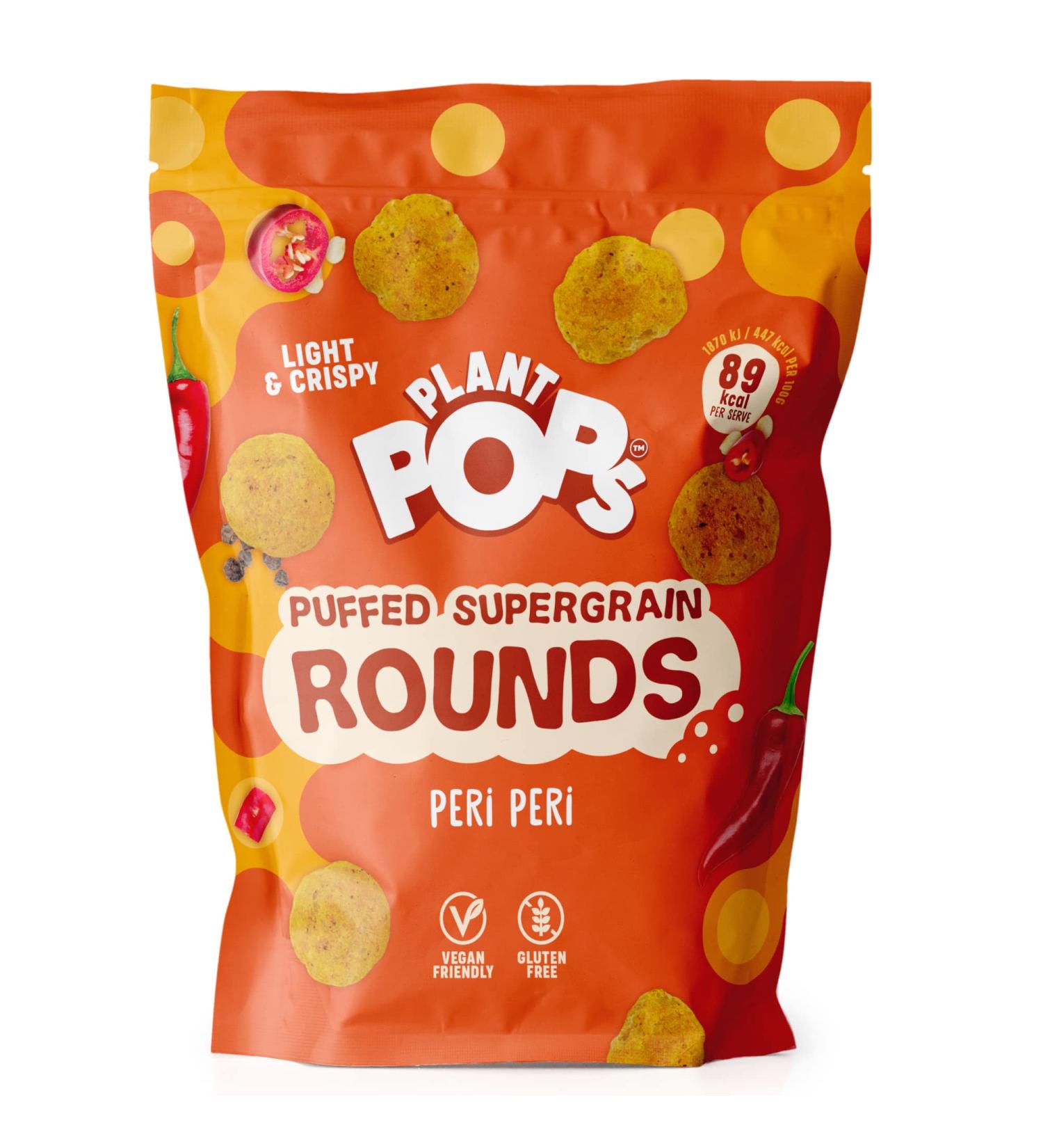 Plant Pops 100% Vegan Gluten Free and Low Calorie Peri Peri Supergrain Rounds Sharing Bag Snacks (3 Pack x 80g). High in Fibre Delicious Healthy Crisps 89 KCAL per serving. 3 Pack (80g) - Buy Online on GoSupps.com