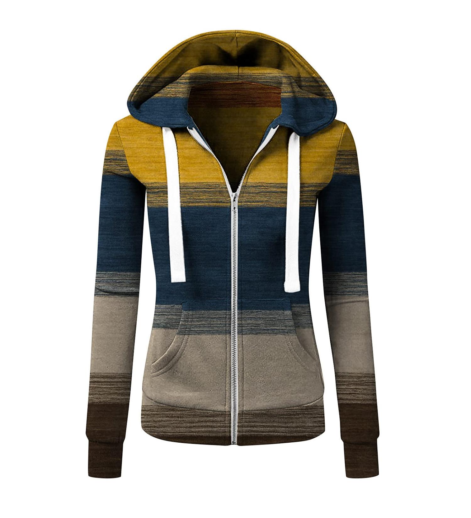 PVC Vertical Stripes Women's Zipper Down Hoodie with Pockets - Yellow, Medium - Buy Online on GoSupps.com