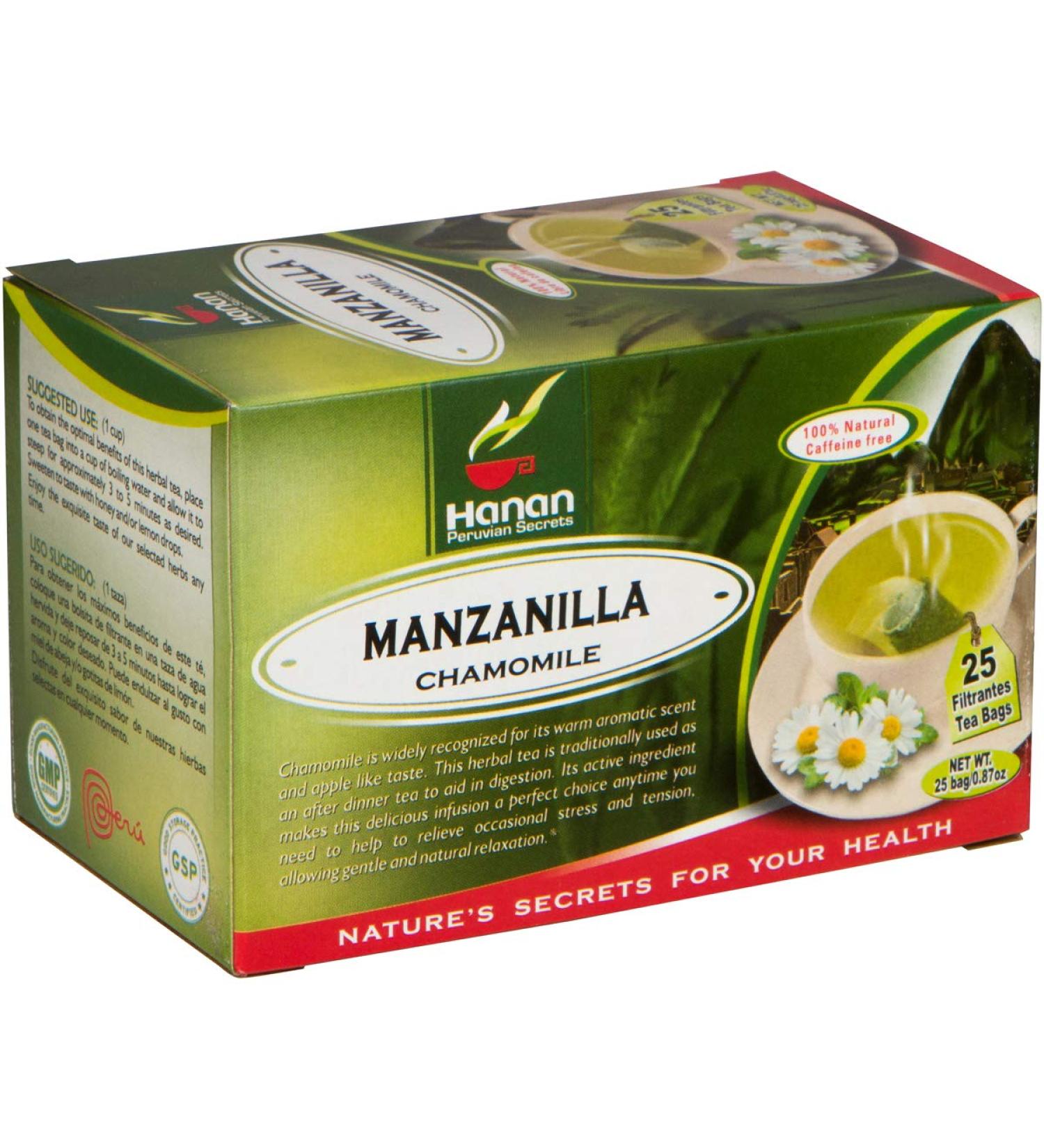 Hanan Manzanilla Tea - 25 Tea Bags of Natural Chamomile Flowers - Herbal Tea for Relaxation and Sleep Aid - Buy Online on GoSupps.com