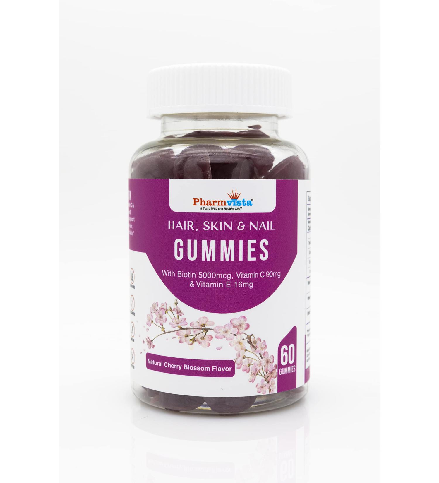 Pharmvista Hair Skin & Nail Gummies with Biotin Vitamin C and E - Vegan Gluten Free & Non-GMO Ingredients - 60 Count - Buy Online on GoSupps.com