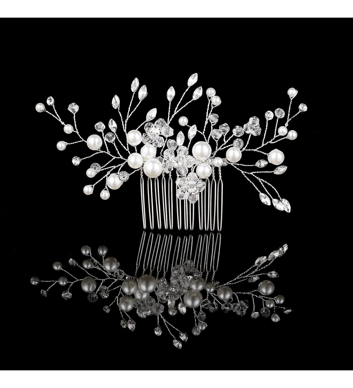 Bridal Hair Comb - Rhinestone & Pearl Wedding Hair Jewelry for Women | Elegant Silver Flower & Crystal Hair Accessory - Buy Online on GoSupps.com