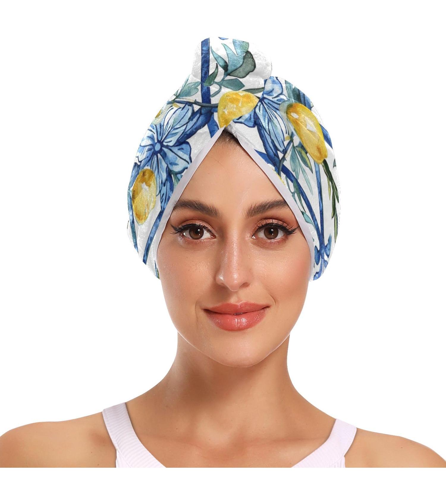 Watercolor Lemons Hair Towel 2 Pack - Super Absorbent Quick Dry Hair Turbans for Women & Girls - Buy Online on GoSupps.com