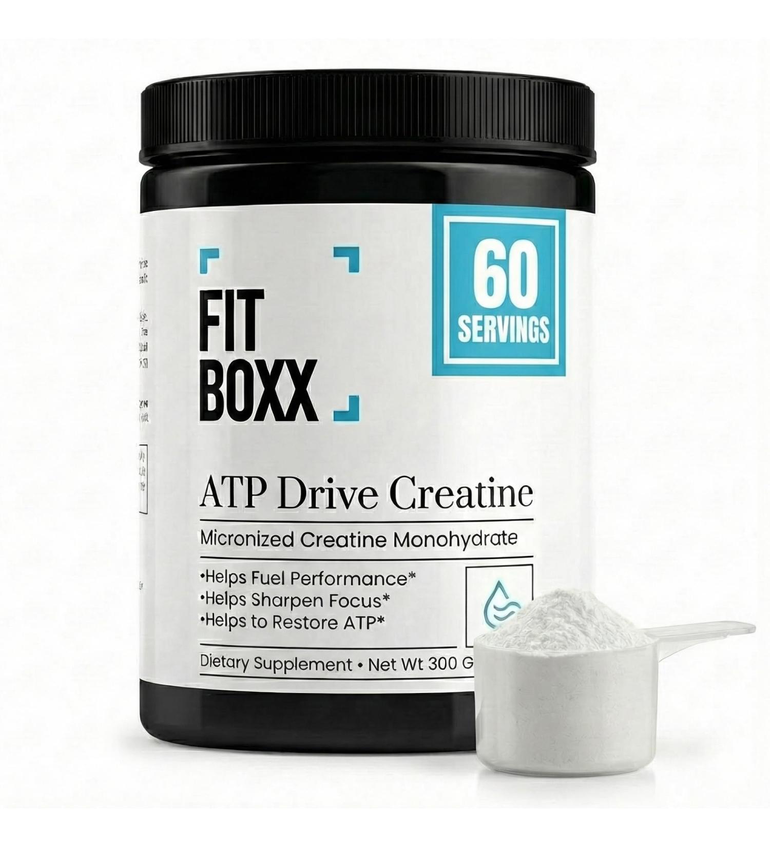 Fit Boxx ATPDrive Micronized Creatine Monohydrate Powder | 5g High Absorption Creatine Supplement for Strength, Muscle Recovery & Focus Unflavored, Vegan, Non-GMO, Gluten-Free, 60 Servings - Buy Online on GoSupps.com