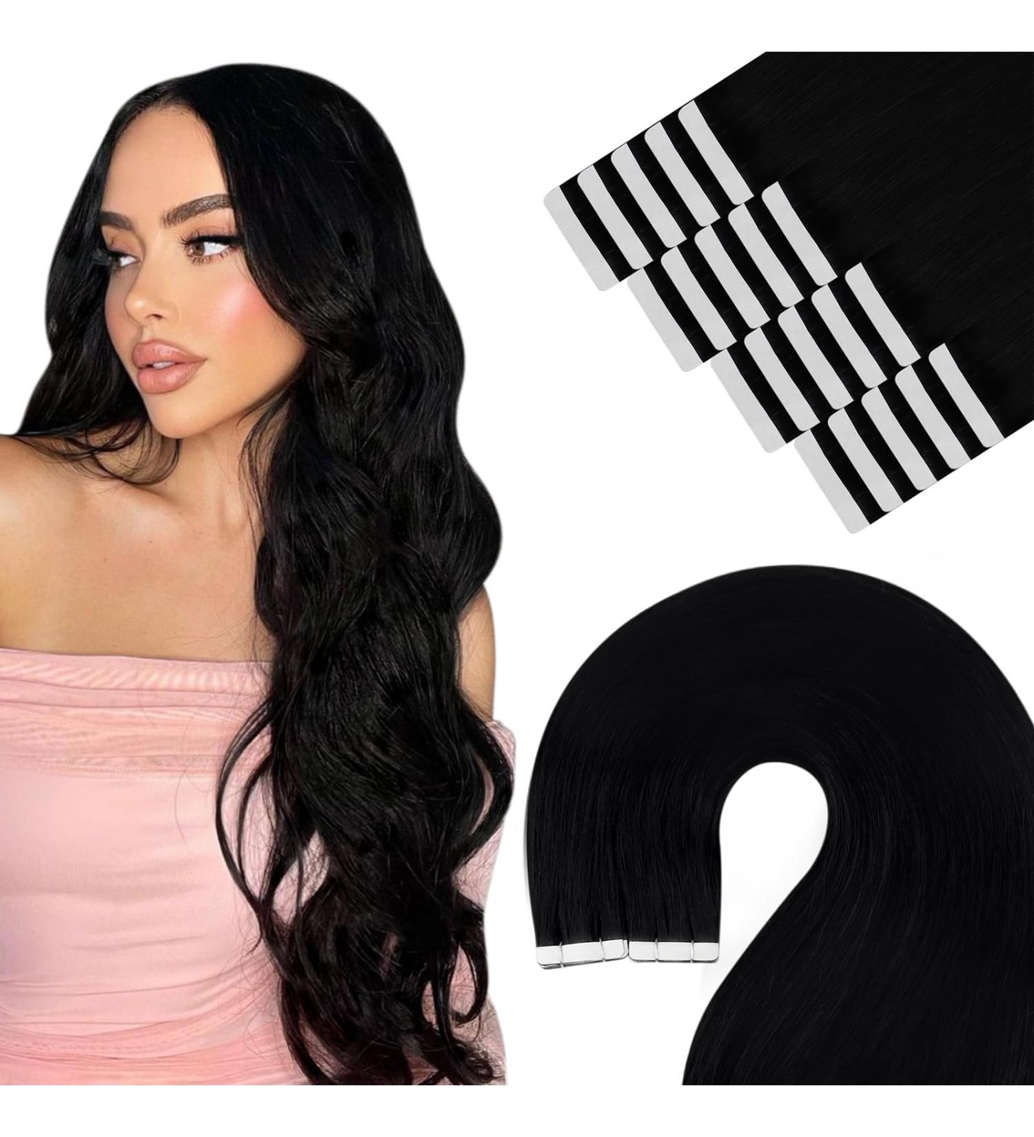 Youngsee 40 cm Real Hair Tape Extensions - Black Invisible Tape-in Extensions | 20pcs 50g Remy Hair - Buy Online on GoSupps.com