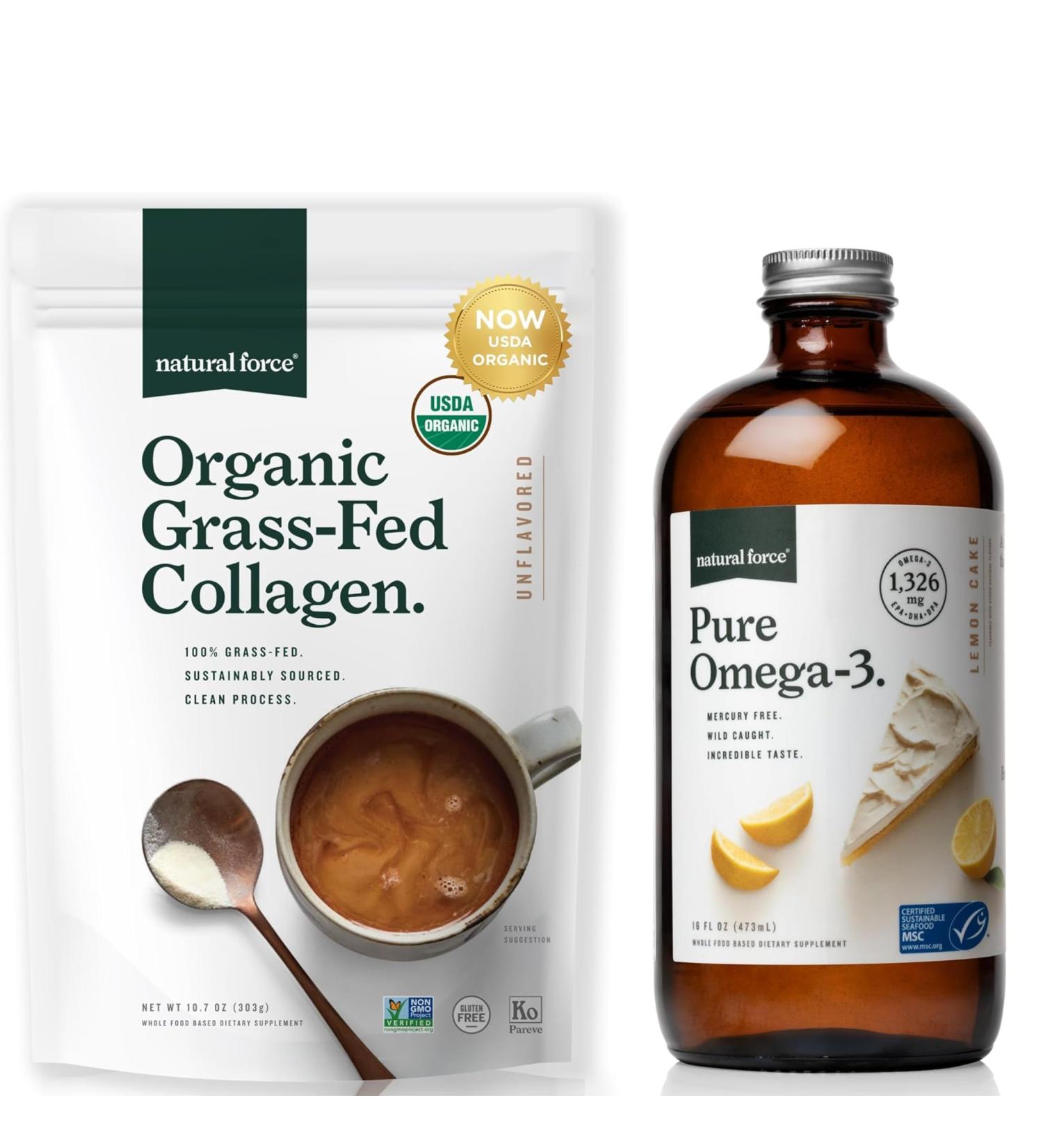 Natural Force Pure Omega 3 - Liquid Fish Oil - Delicious Lemon Cake Flavor 16 Oz Glass Bottle Organic Clean Collagen Peptides Powder Unflavored 10.7oz - Buy Online on GoSupps.com