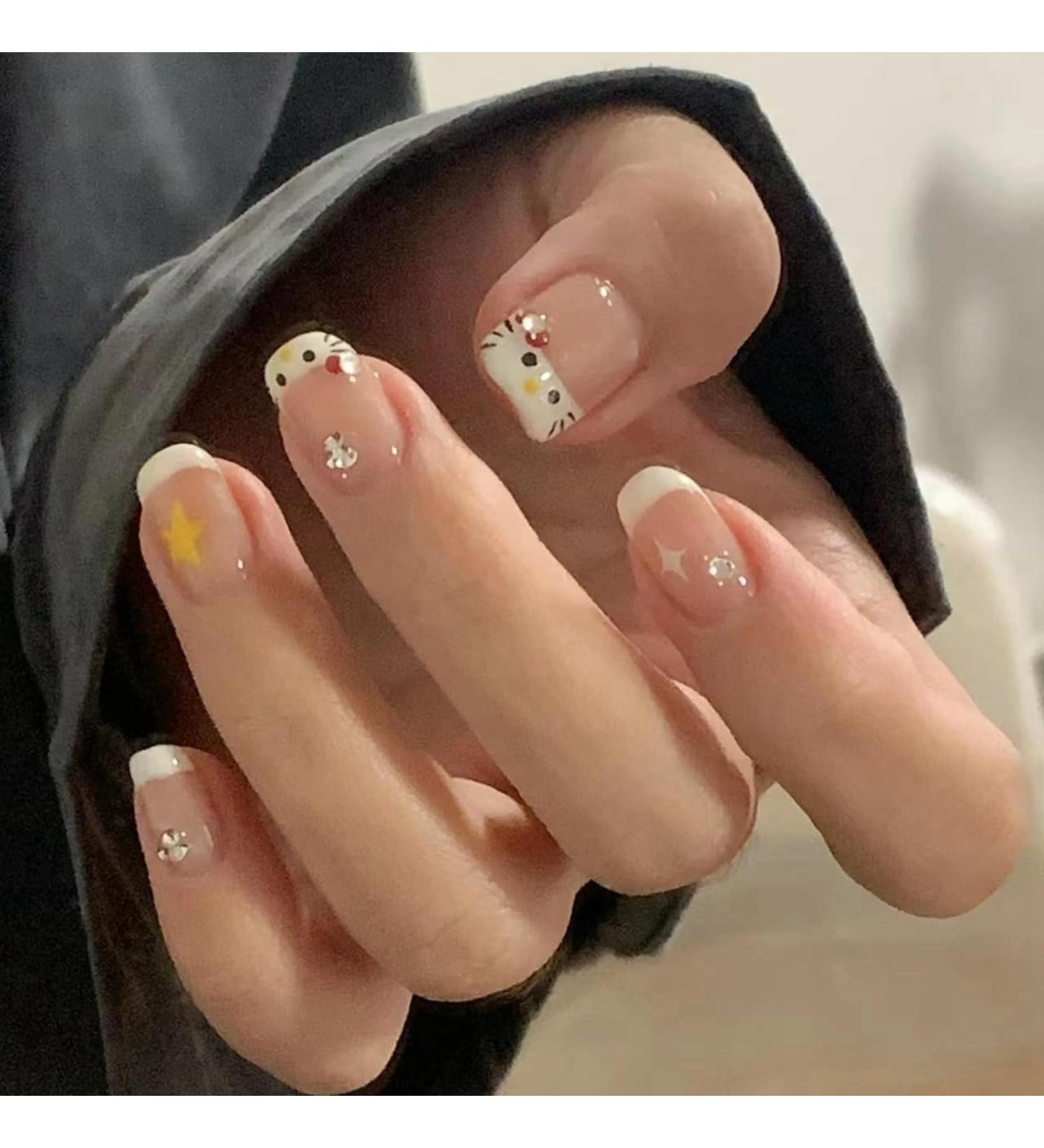 Buy Mrcuvaryas Cute French Press On Nails - Short 24-Piece Angular Acrylic Nail Tips with Pearl Gloss | White Cat French Fingernails for Women & Girls - Buy Online on GoSupps.com