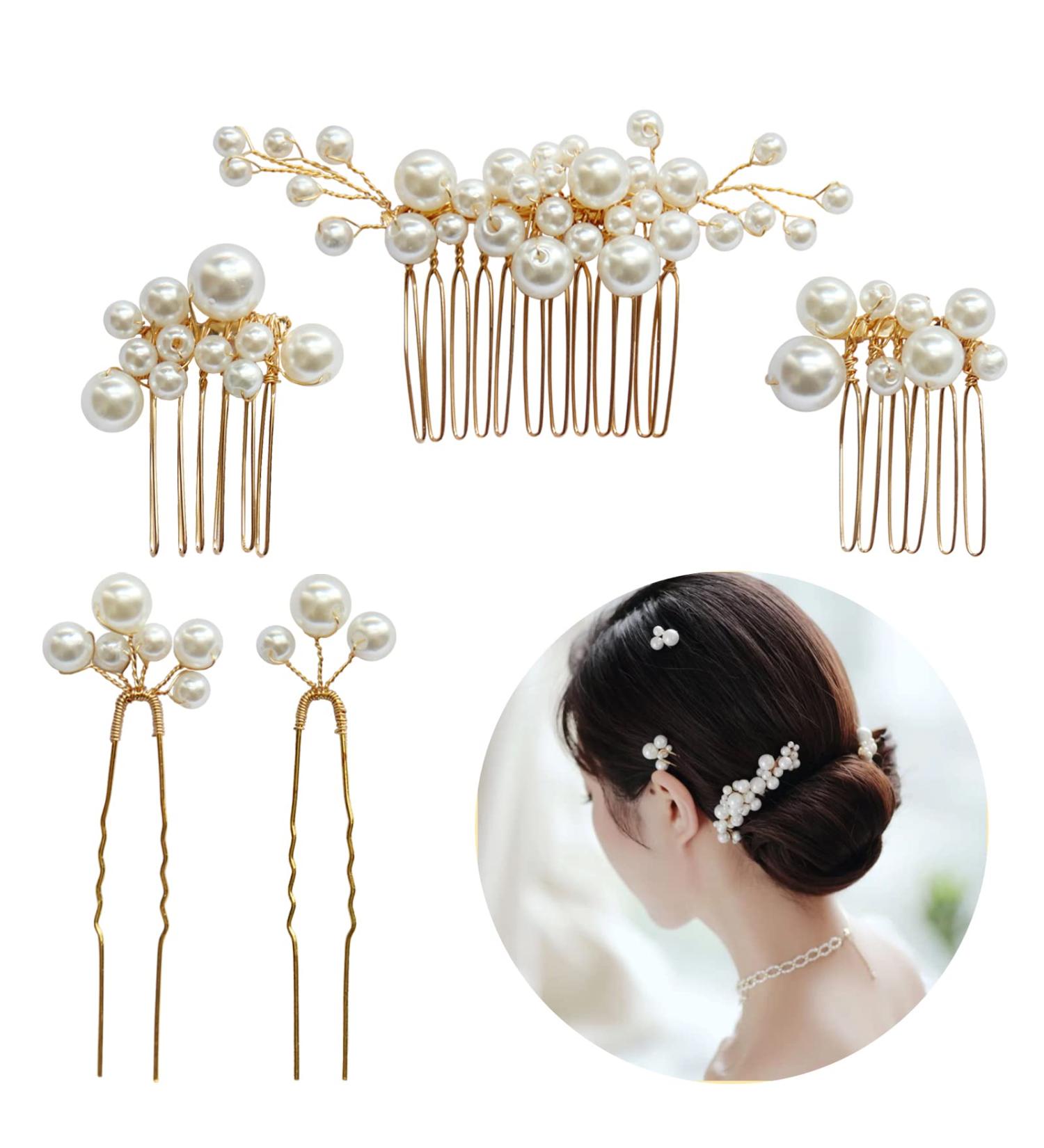 Luckyvestir 5PCS Gold Pearl Wedding Hair Comb Set for Brides | Bridal Hair Accessories - Perfect for Wedding, Bridal, Prom, Bridesmaid | Women's Hair Piece - Buy Online on GoSupps.com