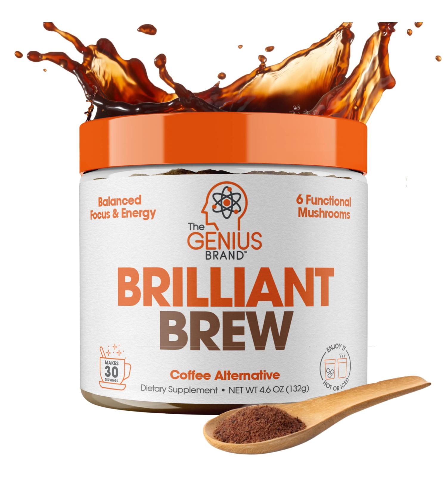 Genius Brilliant Brew: Nootropic Mushroom Coffee Alternative for Natural Energy - No Jitters, No Crash, Sugar-Free, Non-GMO - Buy Online on GoSupps.com