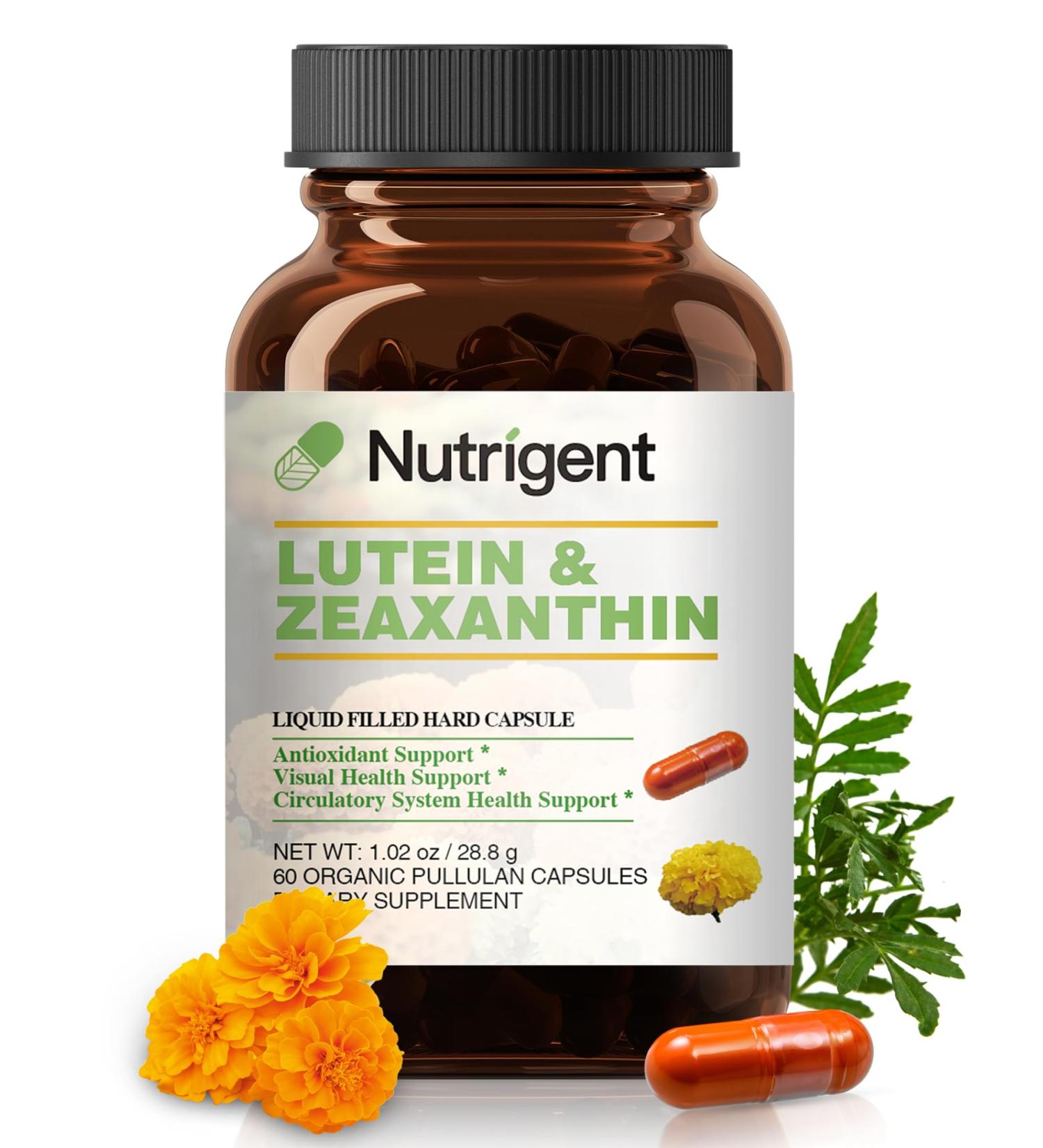 Nutrigent Lutein 20 mg with Zeaxanthin, Liquid Filled Organic Capsules, Eye Health Supplements, Support Vision Health, Gluten Free, Soy Free (60ct) - Buy Online on GoSupps.com