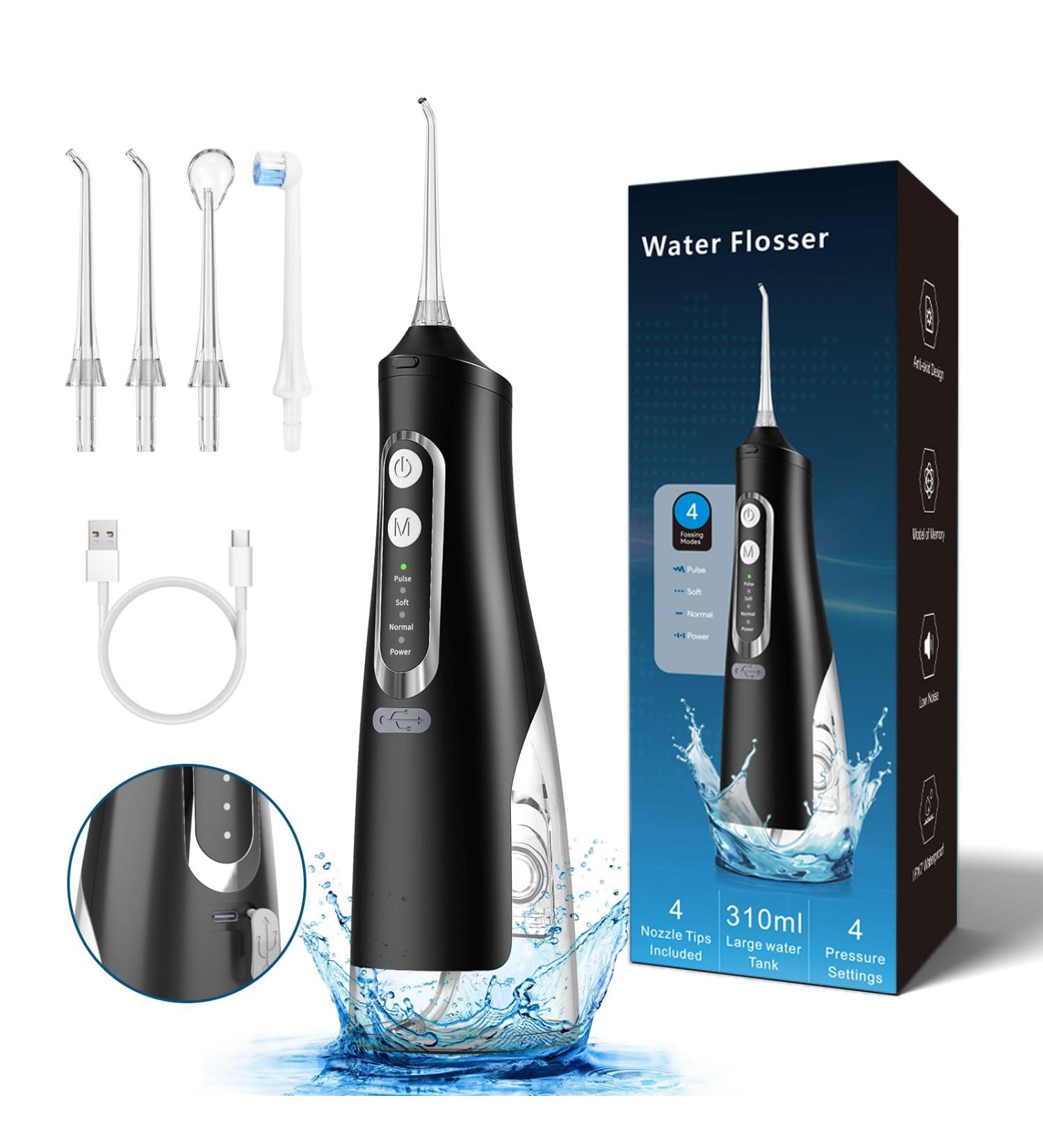Water Flosser for Advanced Teeth Cleaning - Cordless Oral Care Irrigator with 4 Modes 4 Jet Tips & 310ML Tank - IPX7 Waterproof (Black - Buy Online on GoSupps.com