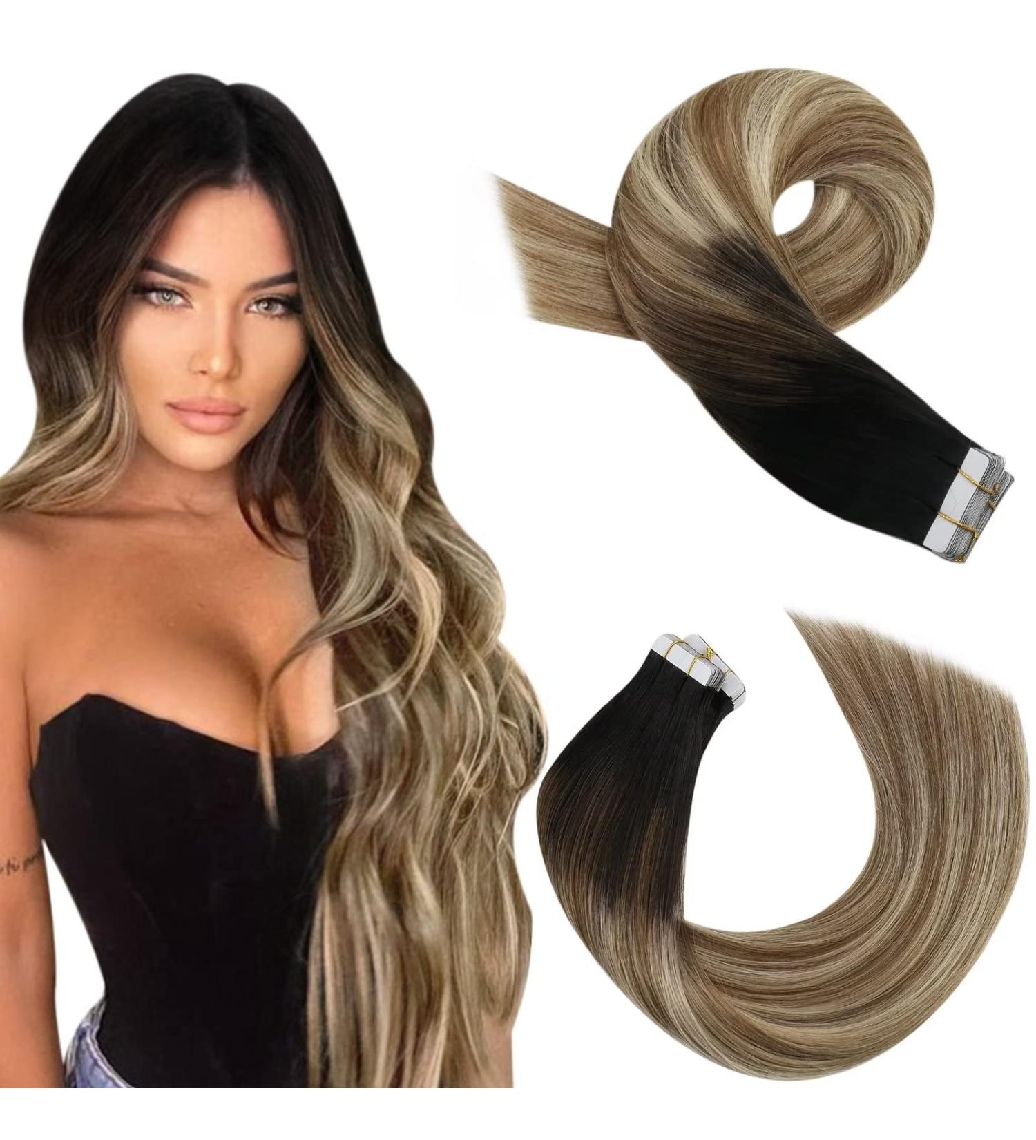 Moresoo 35 cm Tape-In Real Hair Extensions - #1B/6/22 Natural Black to Medium Brown with Blonde 20 Pieces 50g Pack Silky Straight - Buy Online on GoSupps.com