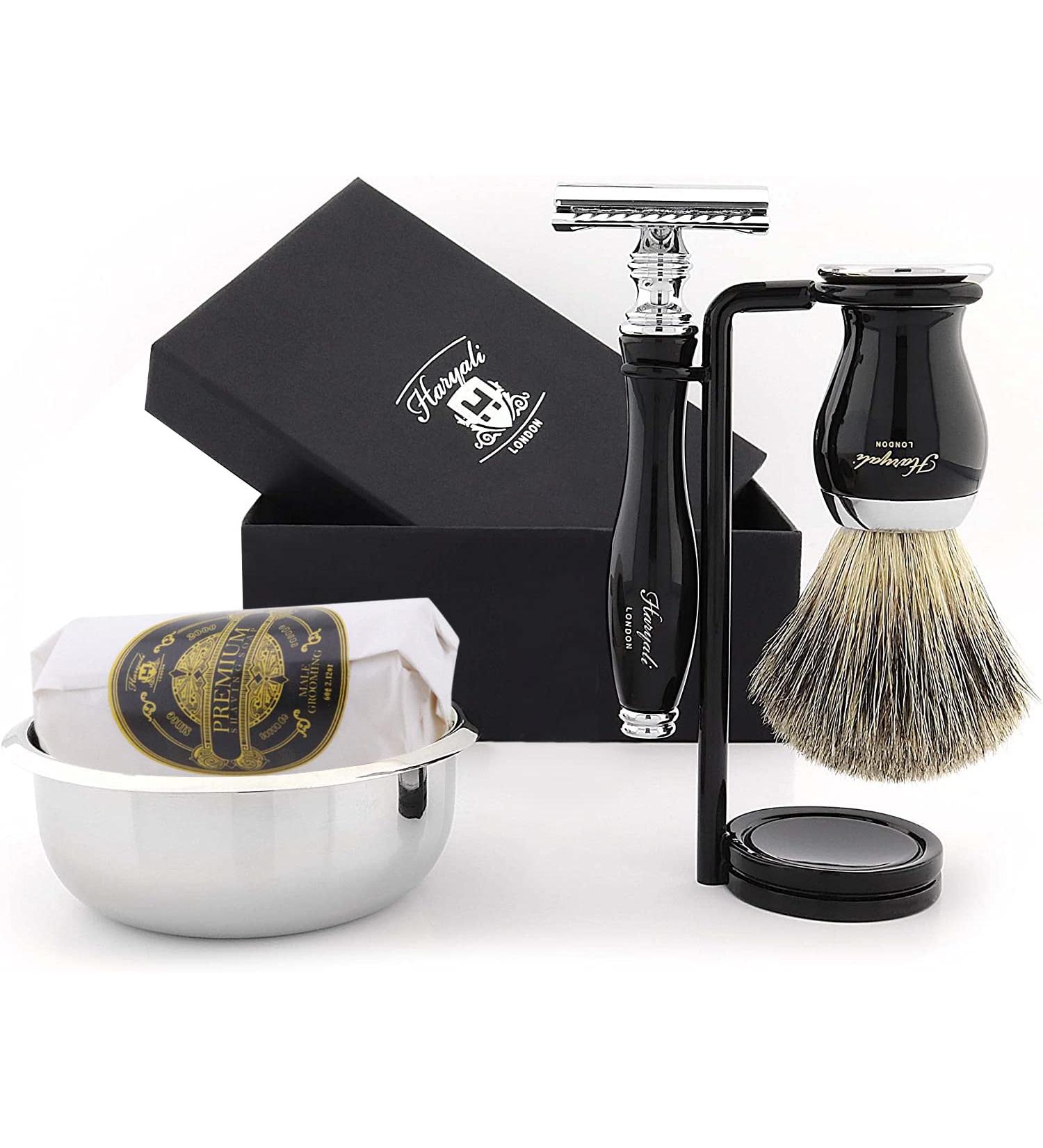 Haryali London Black 5-Part Shaving Set | Double Edge Razor Brush Soap & Bowl | Premium International Shipping - Buy Online on GoSupps.com